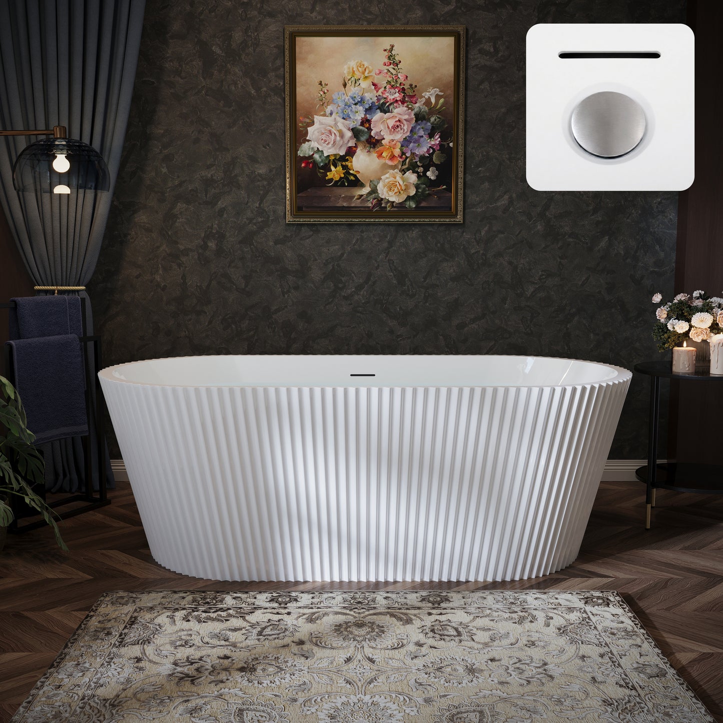 67" Fluted Acrylic Freestanding Soaking Bathtub, Glossy White A13
