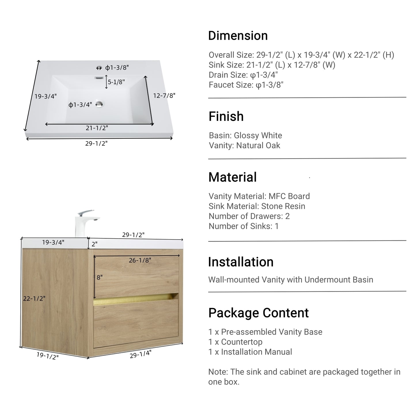 30" Aurelia - Floating Bathroom Vanity Natural Oak