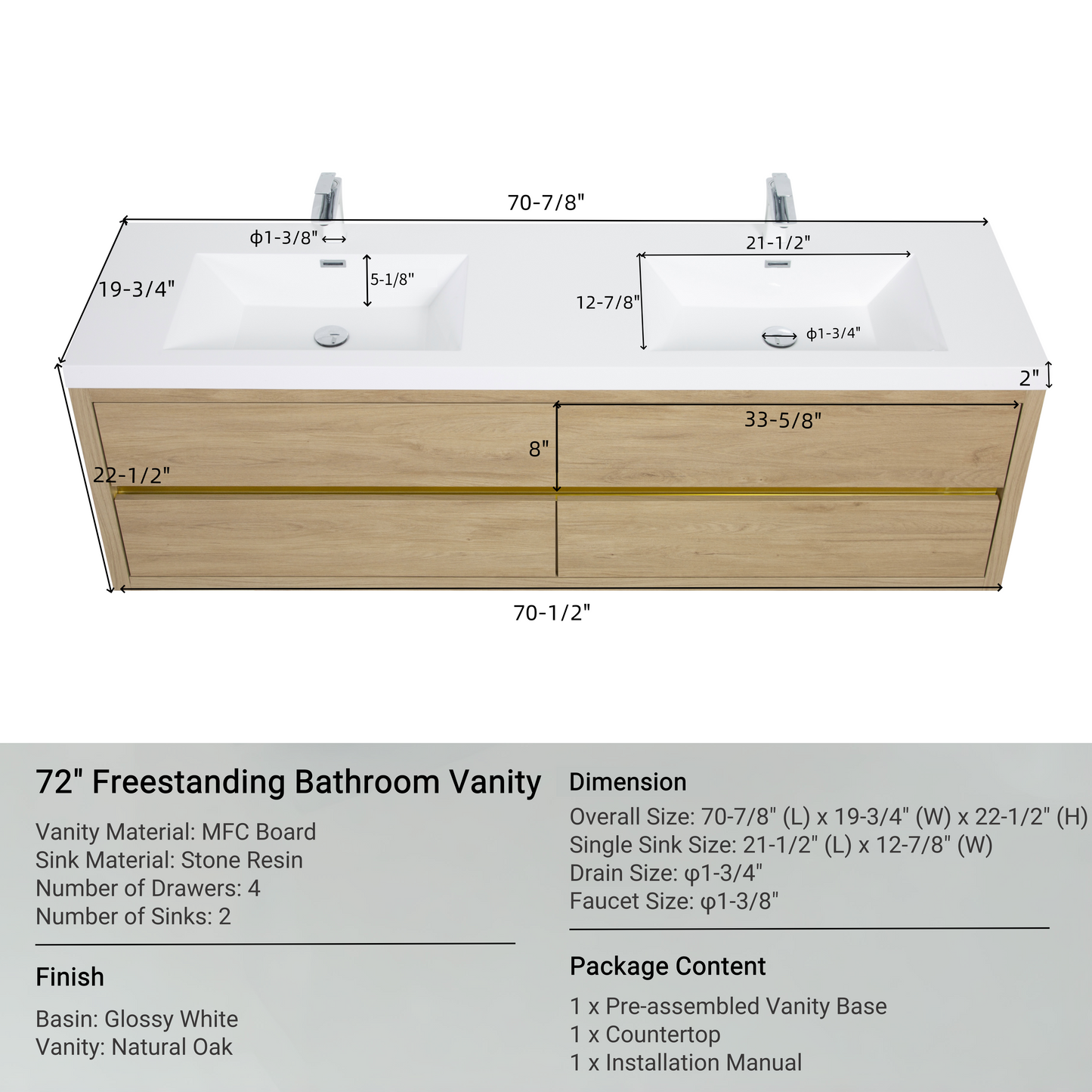 72" Aurelia - Floating Bathroom Vanity Natural Oak