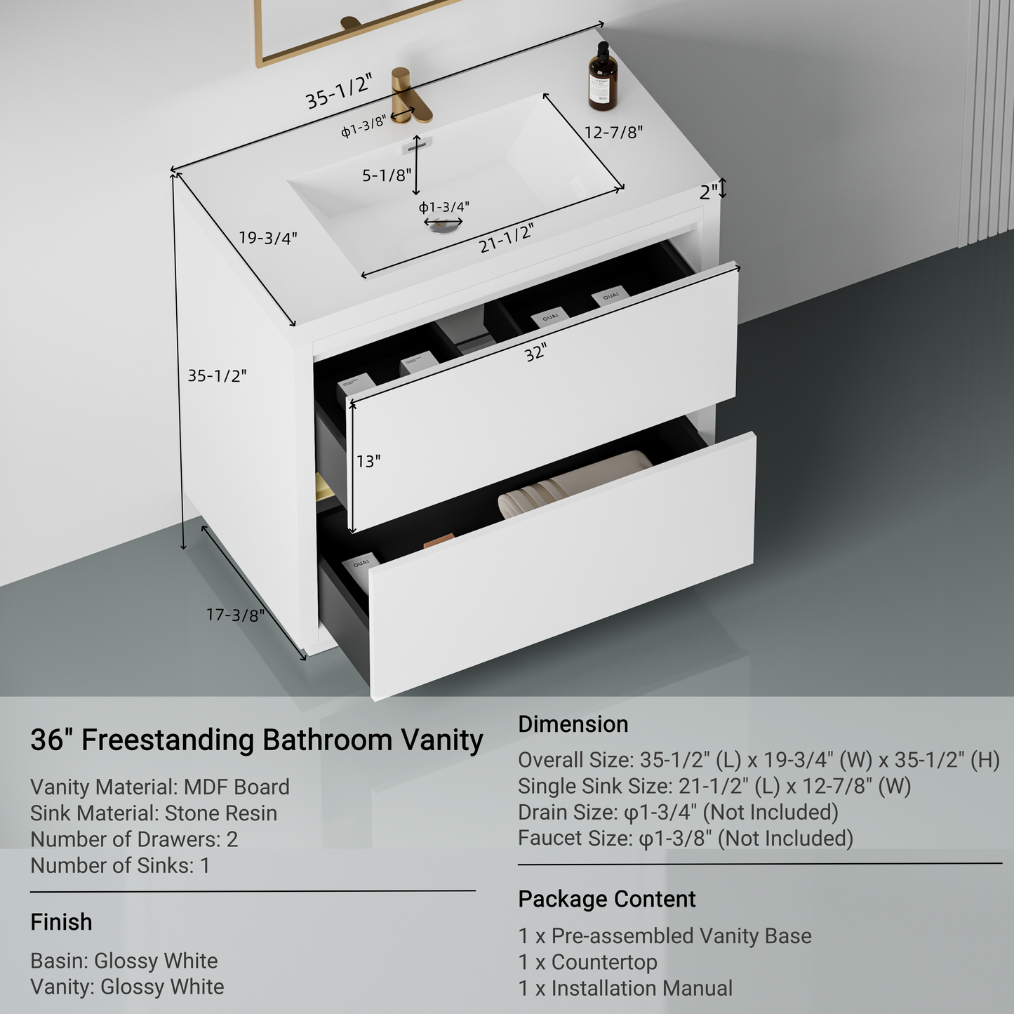 36" Aurelia - Freestanding Bathroom Vanity Glossy White