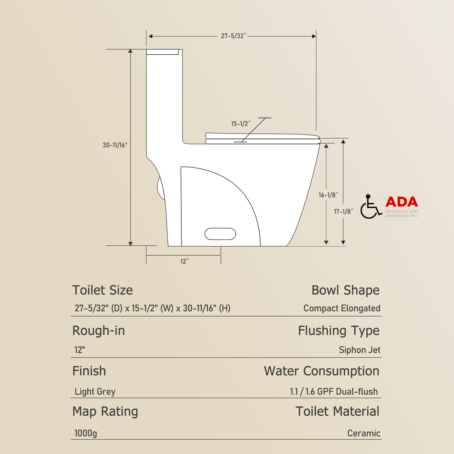 One-Piece Toilet T01, Dual Flush 1.1/1.6 GPF Light Grey