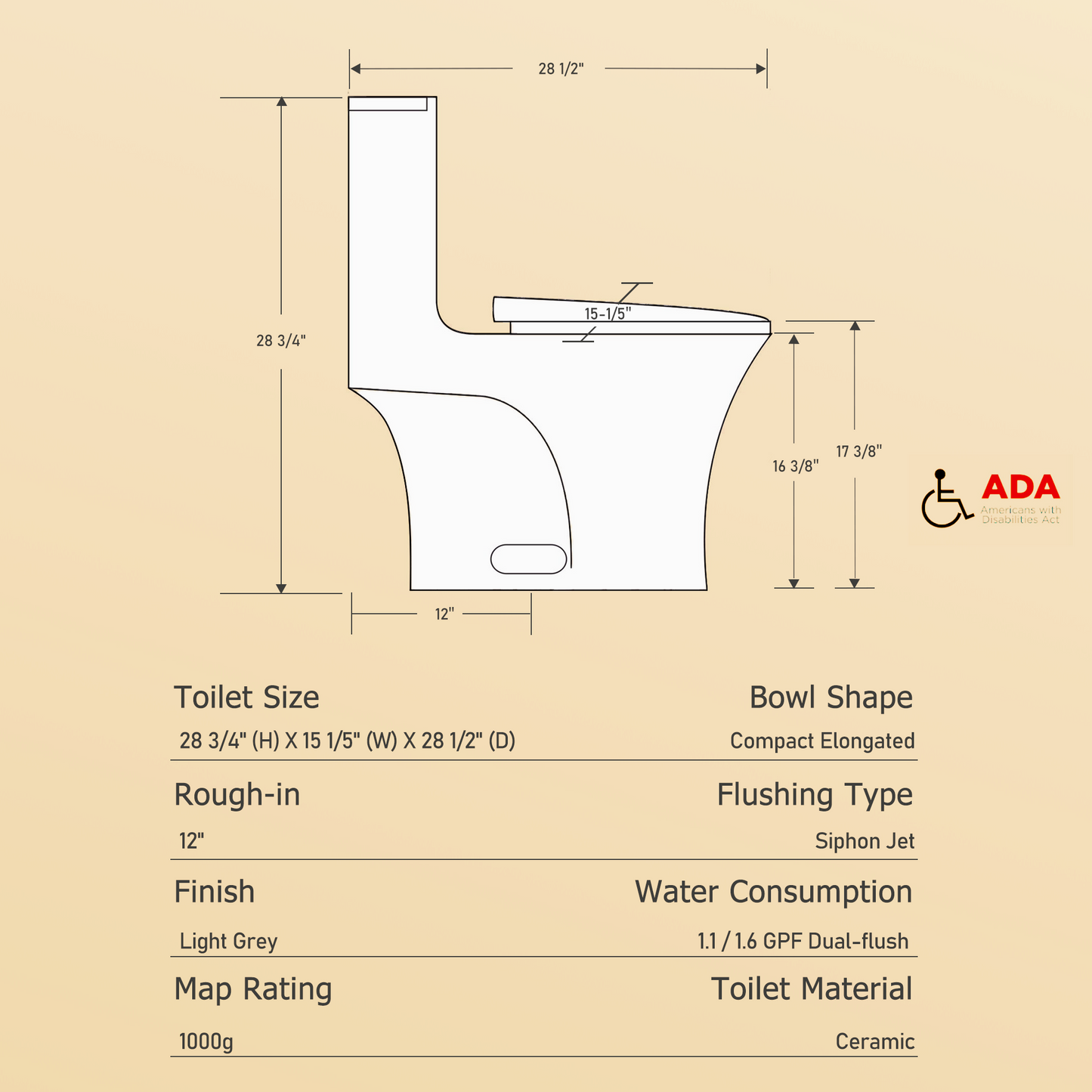 One-Piece Toilet T02, Dual Flush 1.1/1.6 GPF Light Grey
