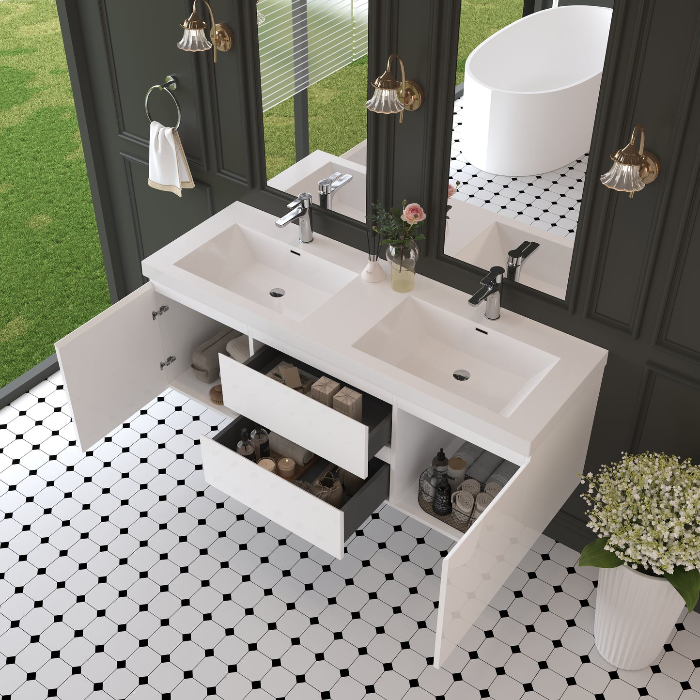 60" Angela - Floating Bathroom Vanity Double Sink Glossy White