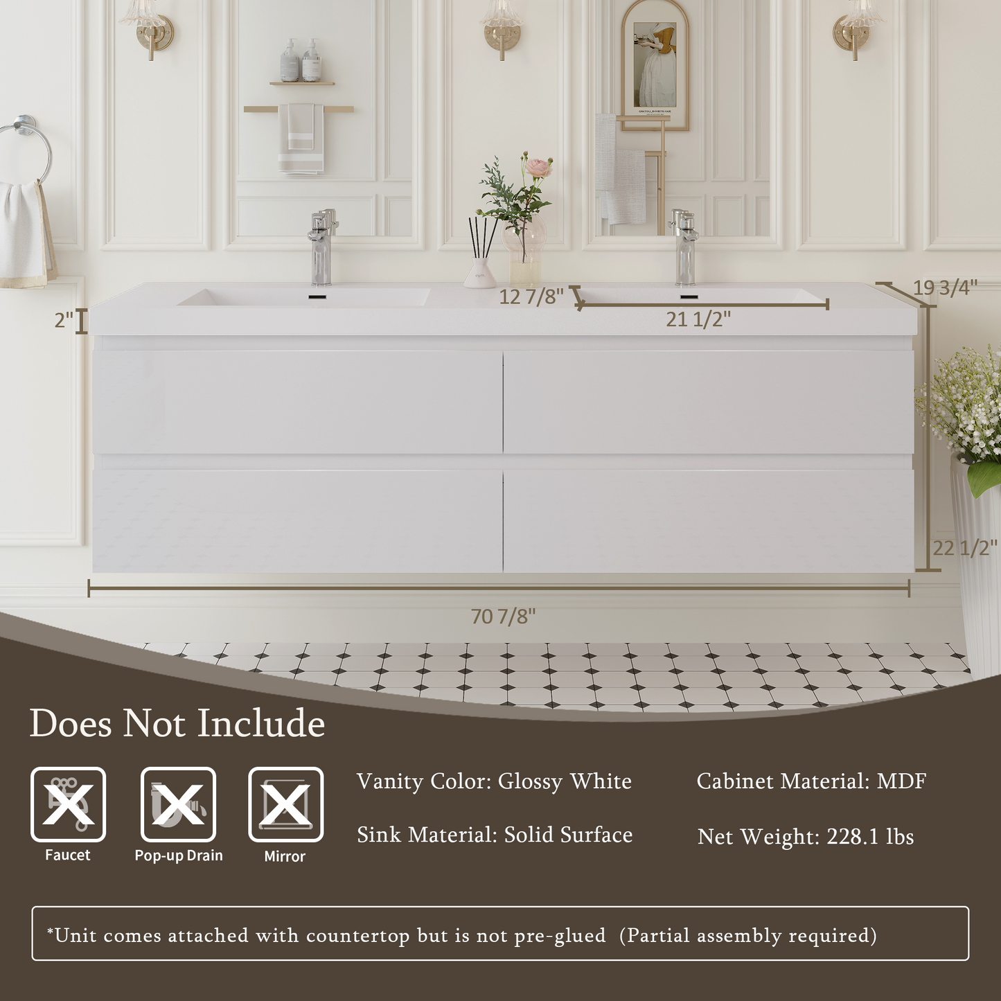 72" Angela - Floating Bathroom Vanity Double Sink Glossy White