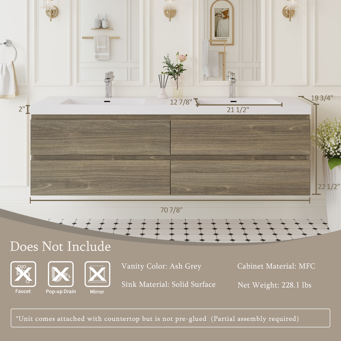 72" Angela - Floating Bathroom Vanity Double Sink Ash Grey