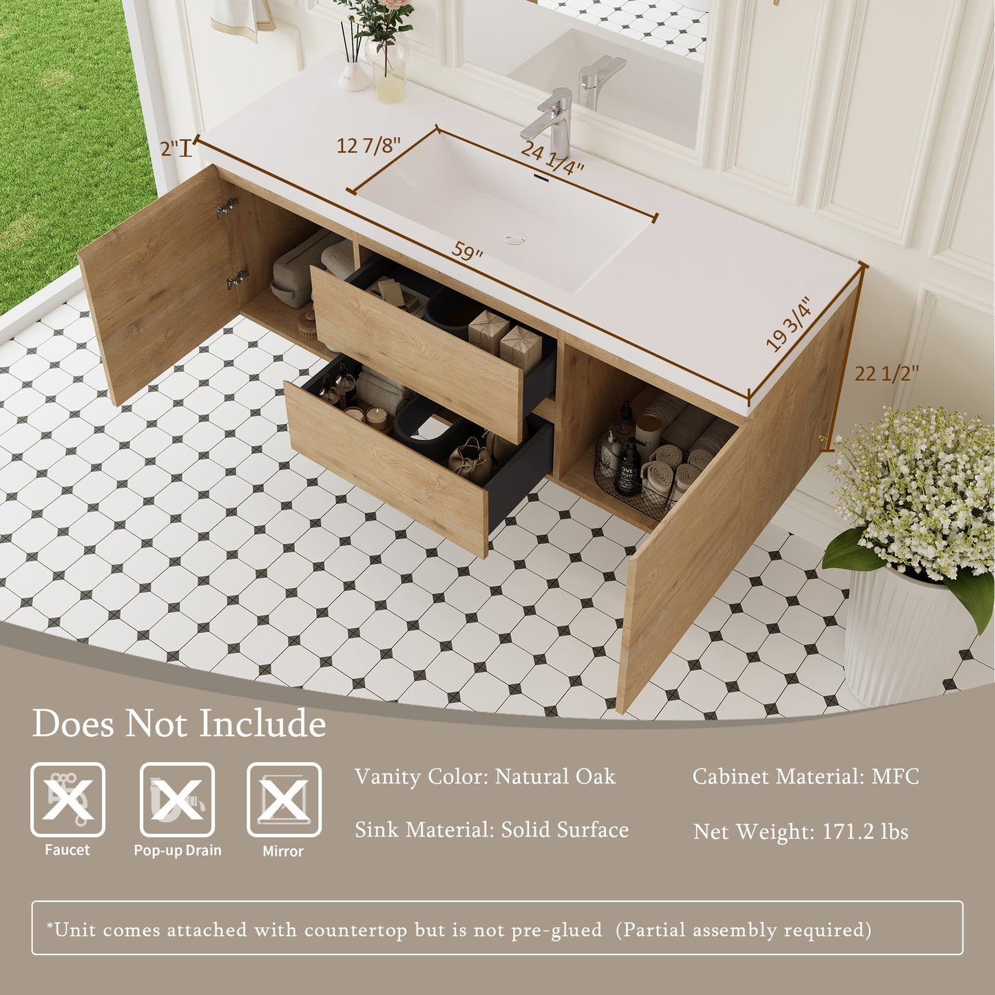 60" Angela - Floating Bathroom Vanity Single Sink Natural Oak