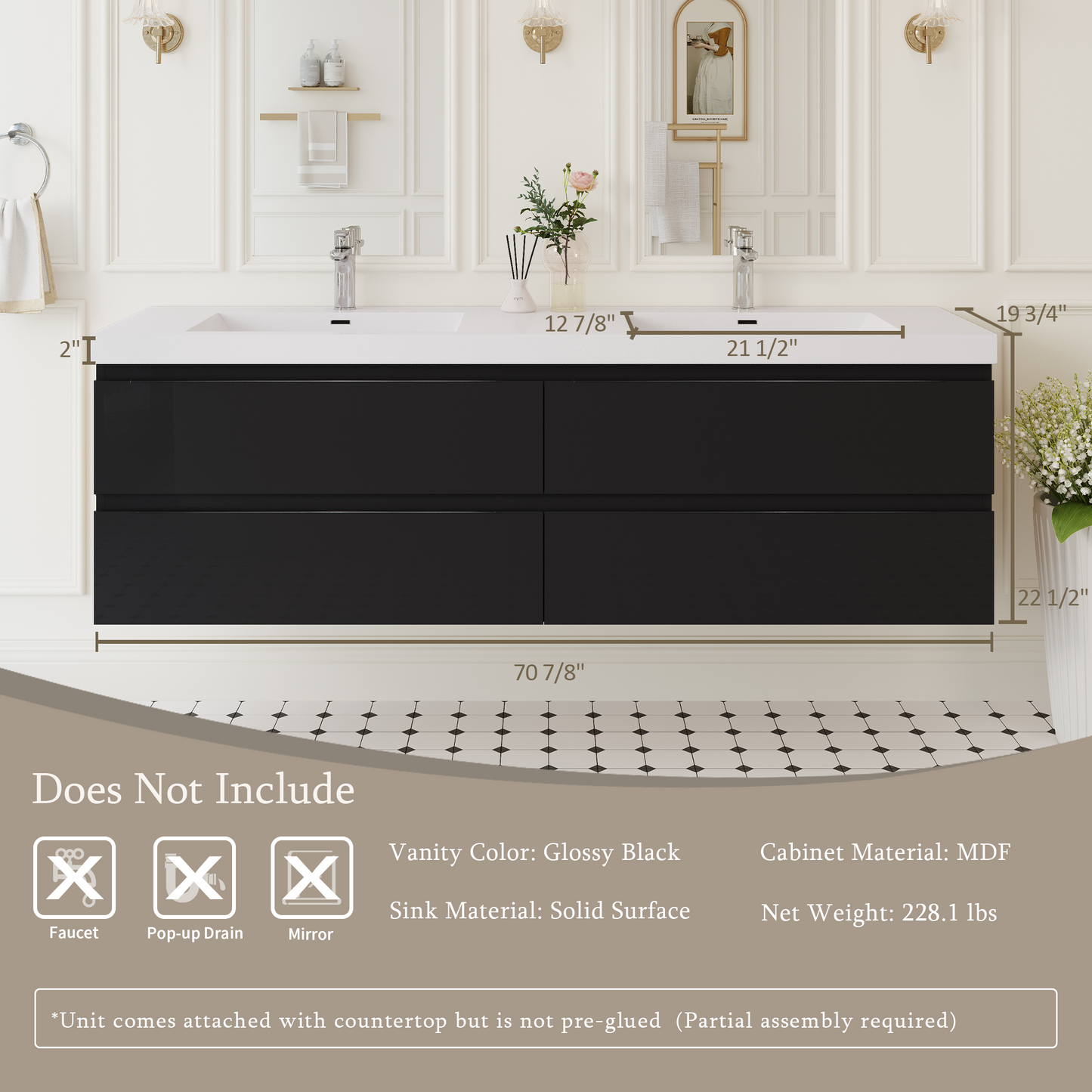 72" Angela - Floating Bathroom Vanity Double Sink Glossy Black