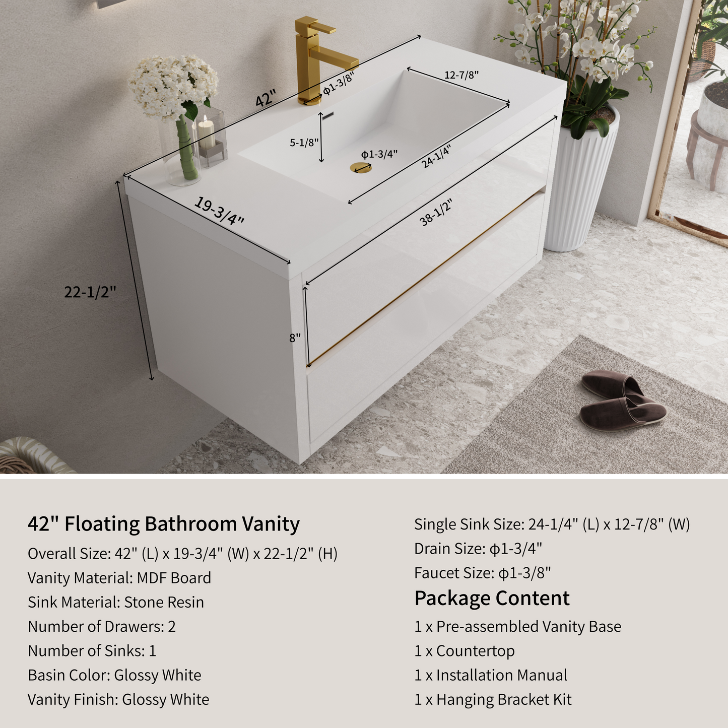 42" Aurelia - Floating Bathroom Vanity Glossy White