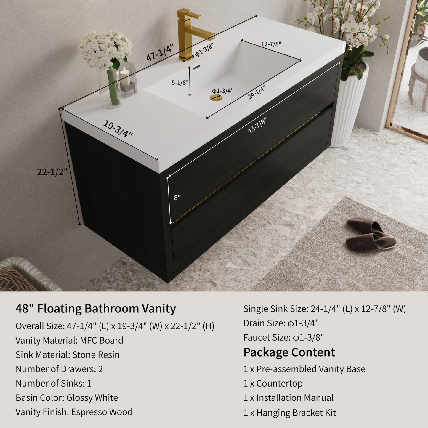 48" Aurelia - Floating Bathroom Vanity Espresso Wood