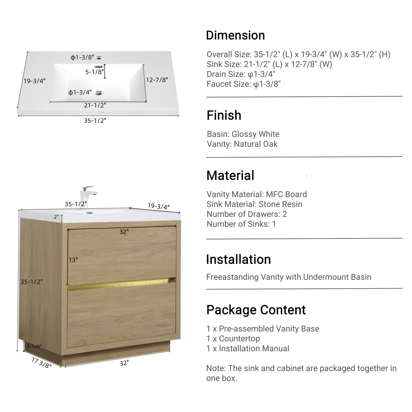 36" Aurelia - Freestanding Bathroom Vanity Natural Oak