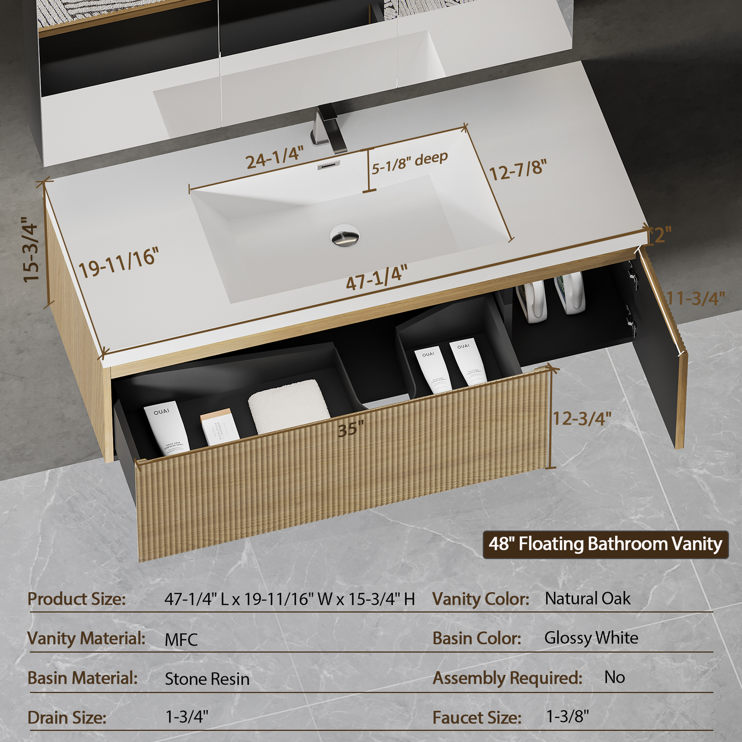 48" Liner - Floating Bathroom Vanity Natural Oak