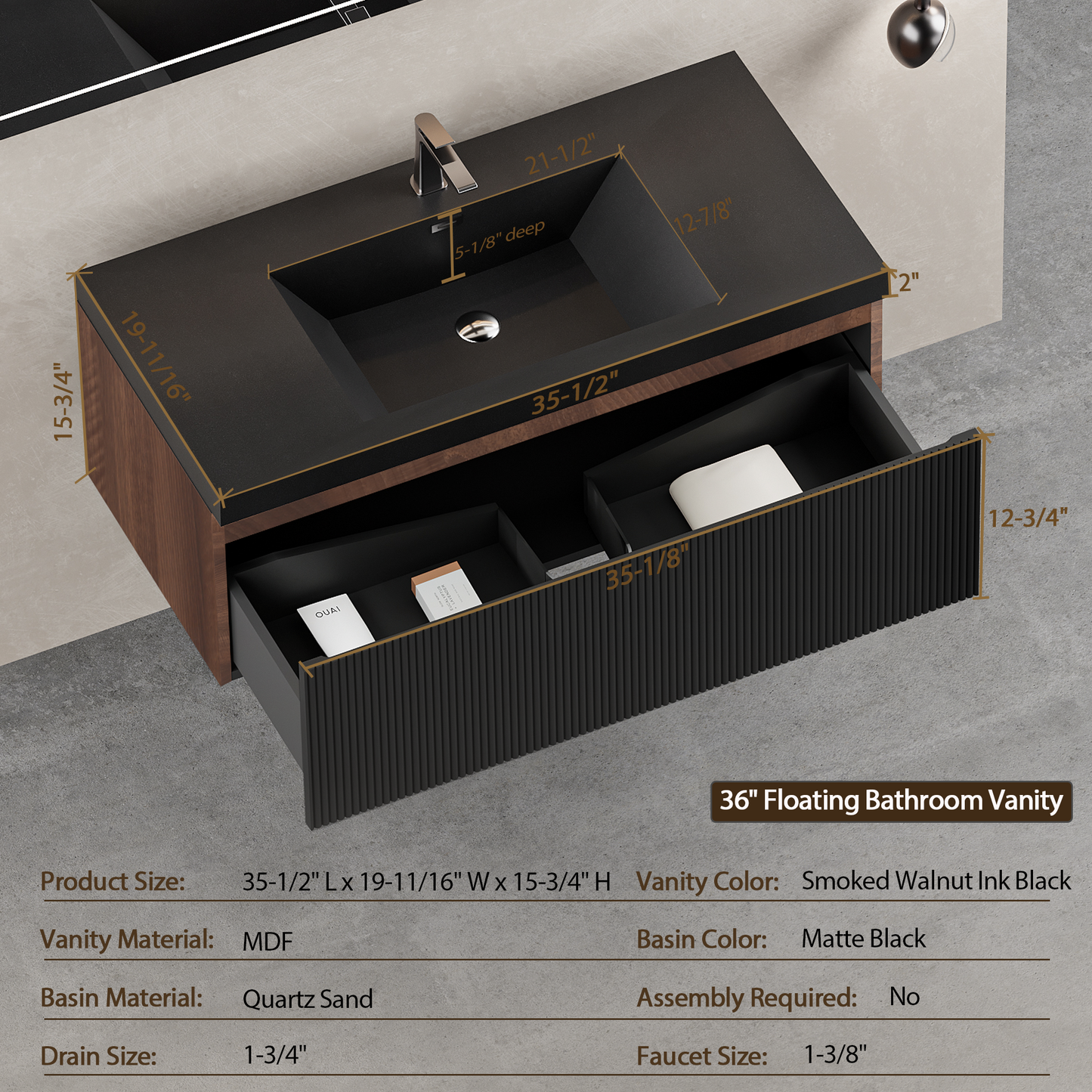 36" Liner - Floating Bathroom Vanity Smoked Walnut & lnk Black