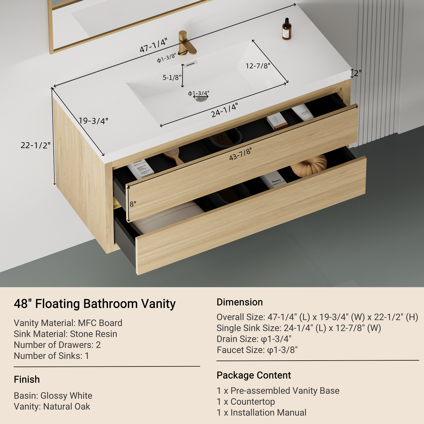 48" Aurelia - Floating Bathroom Vanity Natural Oak