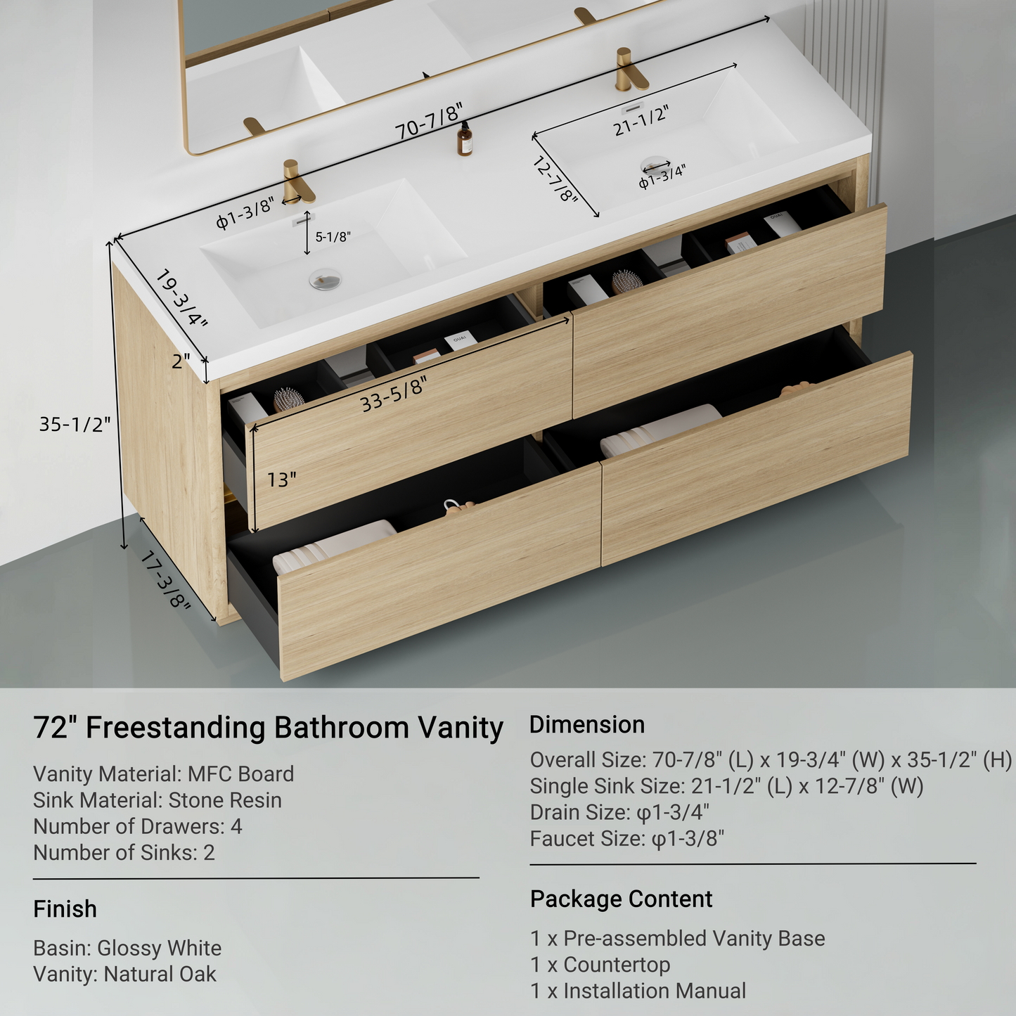 72" Aurelia - Freestanding Bathroom Vanity Natural Oak