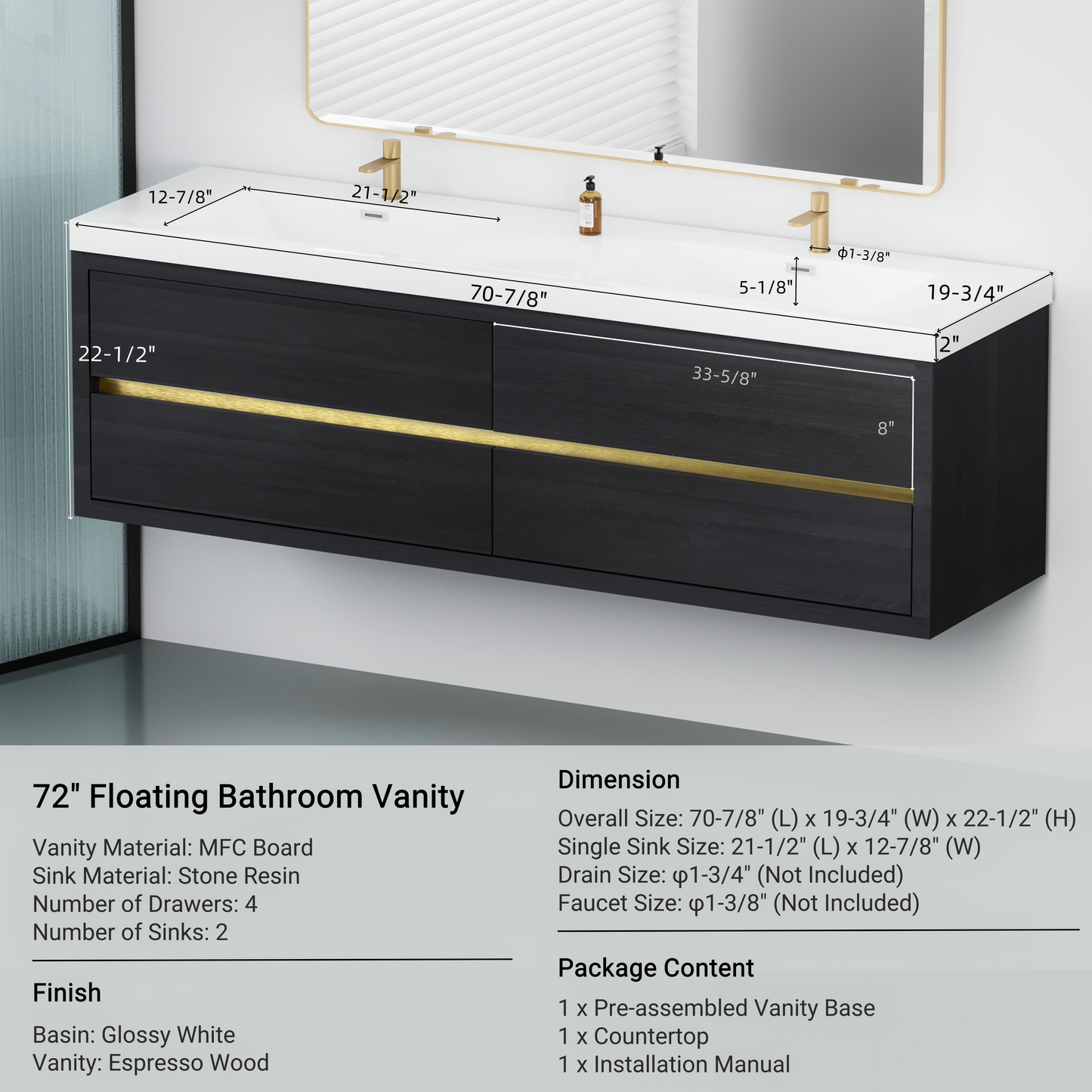 72" Aurelia - Floating Bathroom Vanity Espresso Wood