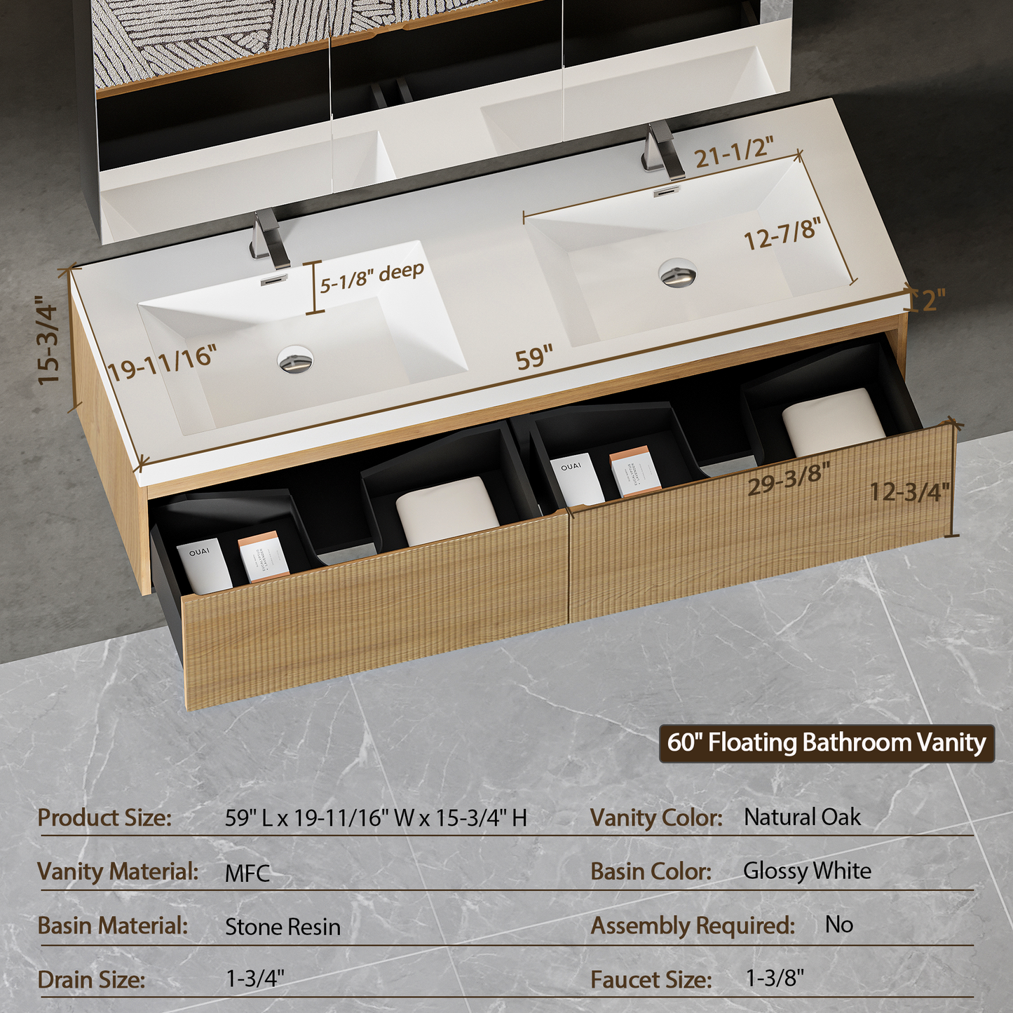 60" Liner - Floating Bathroom Vanity Integrated Double Sink Basin Natural Oak
