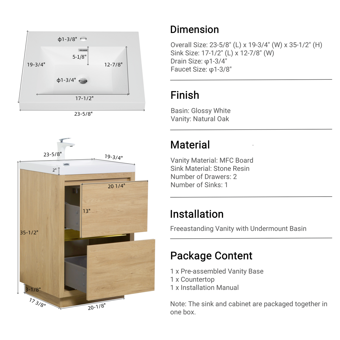 24" Aurelia - Freestanding Bathroom Vanity Natural Oak