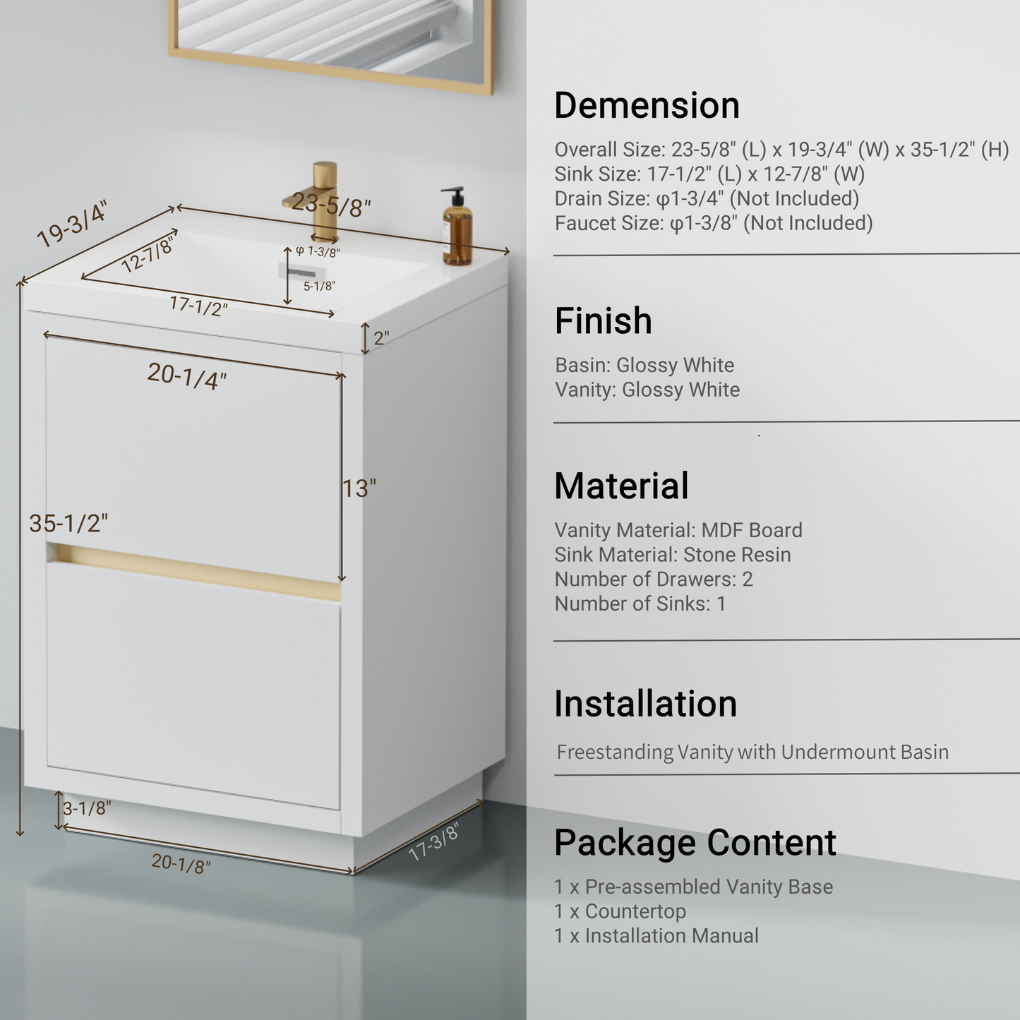 24" Aurelia - Freestanding Bathroom Vanity Glossy White