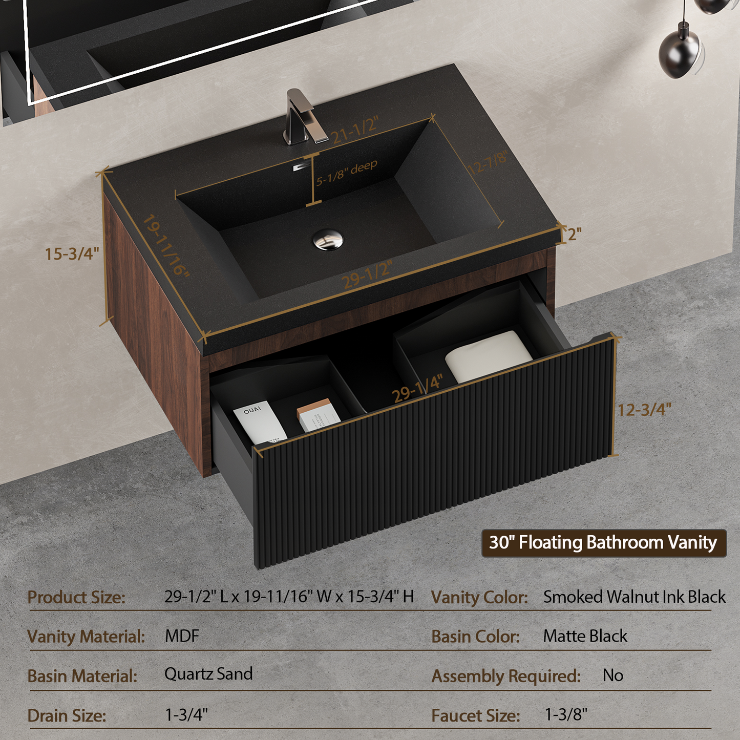 30" Liner - Floating Bathroom Vanity Smoked Walnut & lnk Black