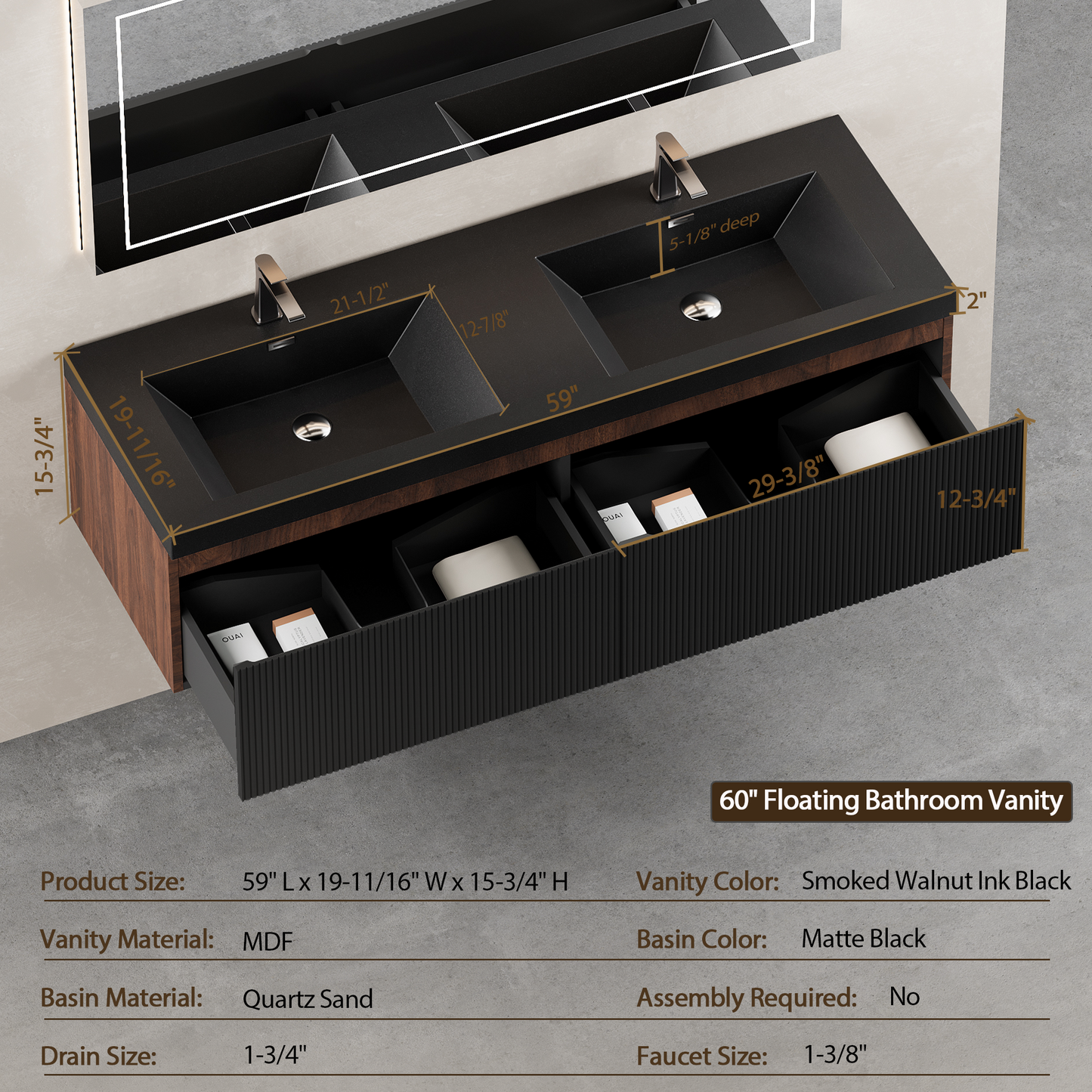 60" Liner - Floating Bathroom Vanity Integrated Double Basin Smoked Walnut & lnk Black
