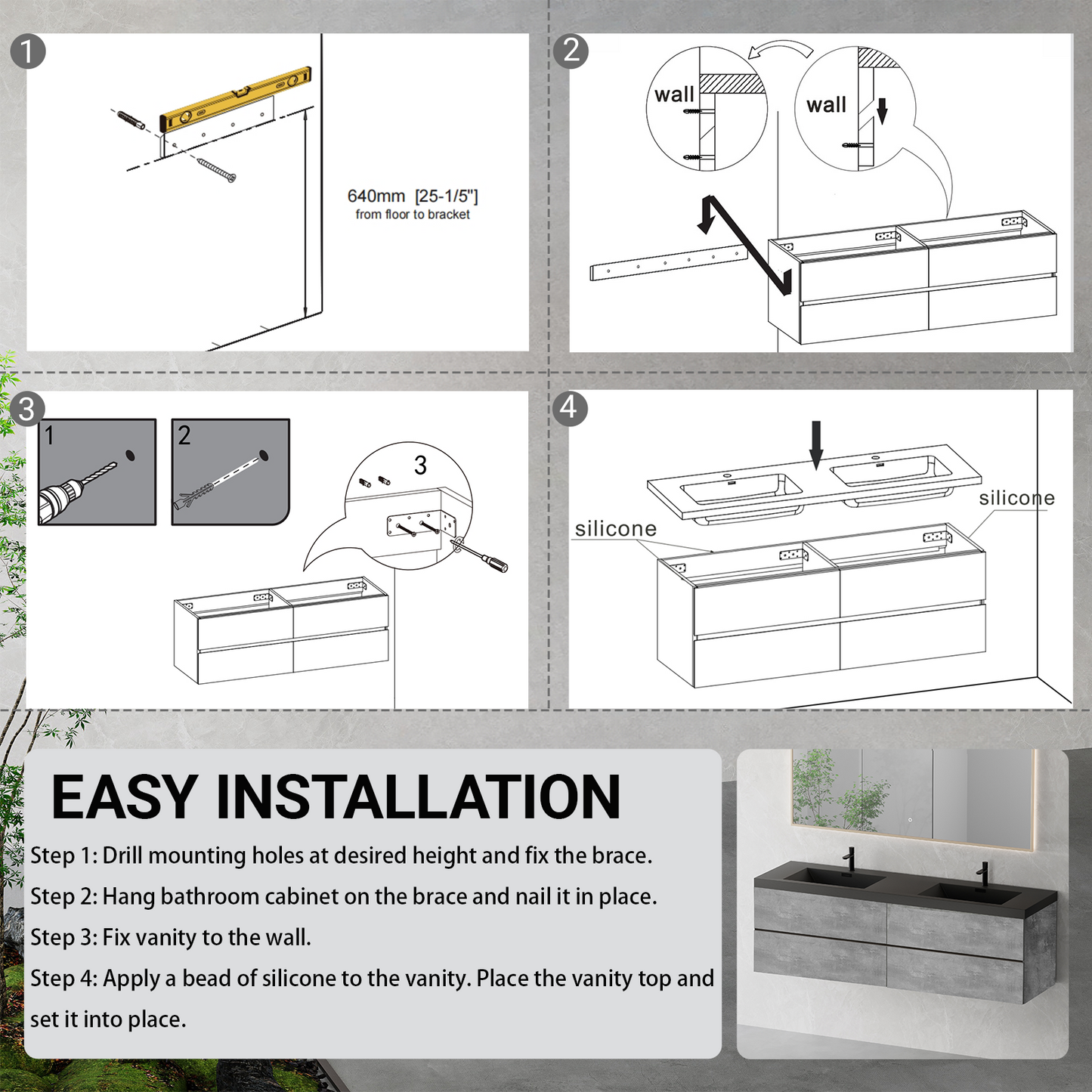 72" Edi - Modern Wall-mounted Bathroom Vanity