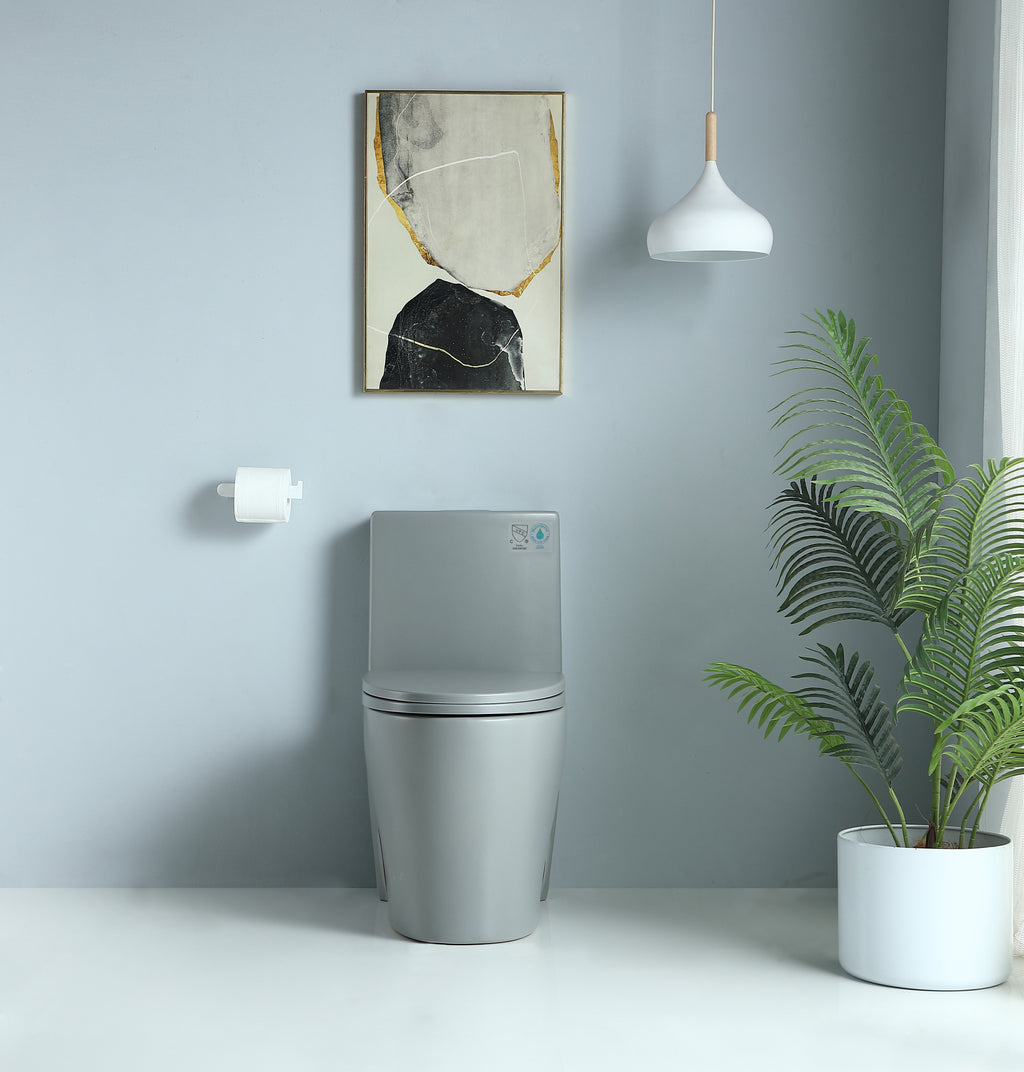 Dual-Flush Ceramic One-Piece Toilet 1.1/1.6 GPF, Elongated Comfort Height Bowl, Soft-Close Seat, Adjustable 0.8/1.28 GPF, Light Grey