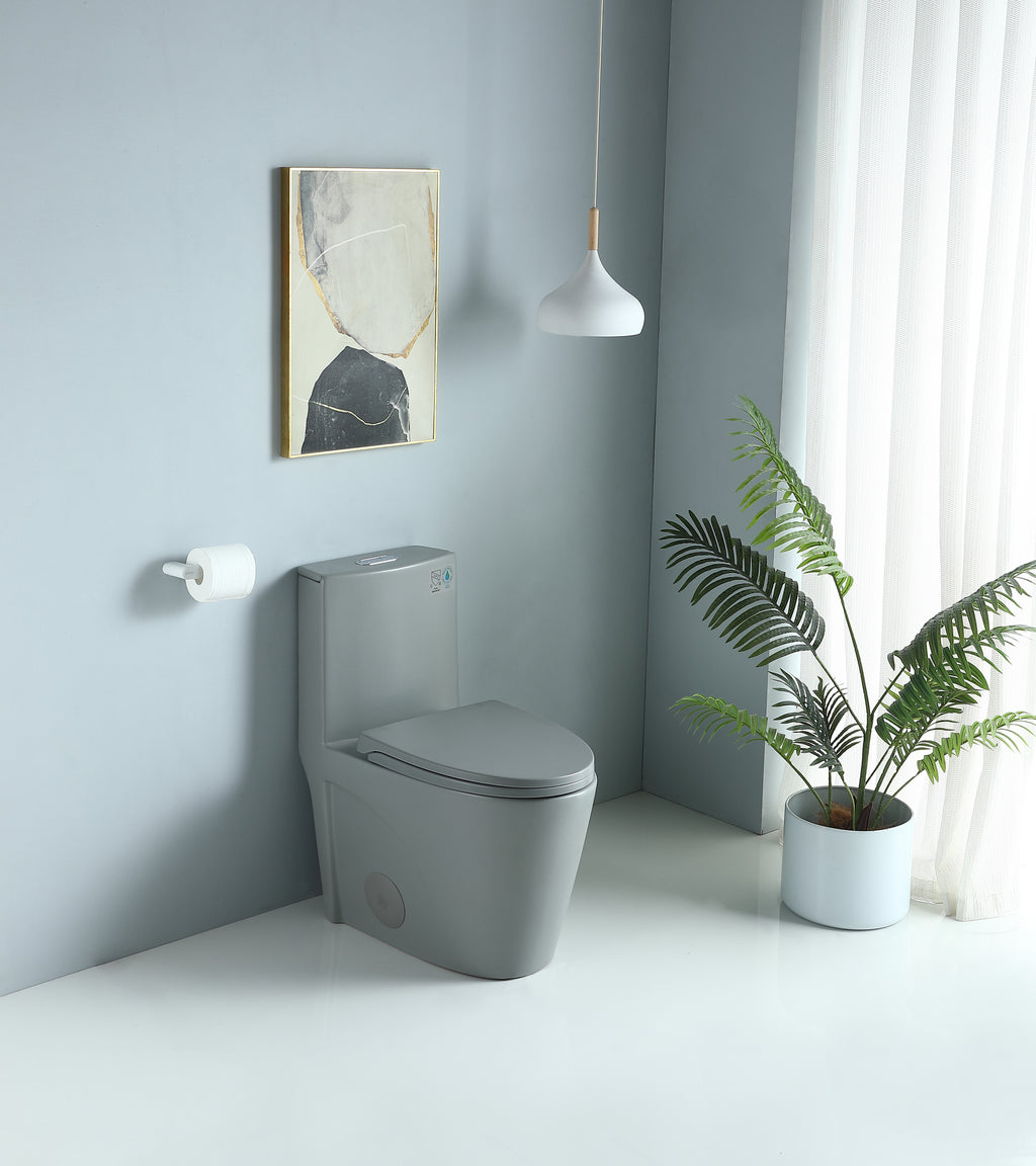 Dual-Flush Ceramic One-Piece Toilet 1.1/1.6 GPF, Elongated Comfort Height Bowl, Soft-Close Seat, Adjustable 0.8/1.28 GPF, Light Grey