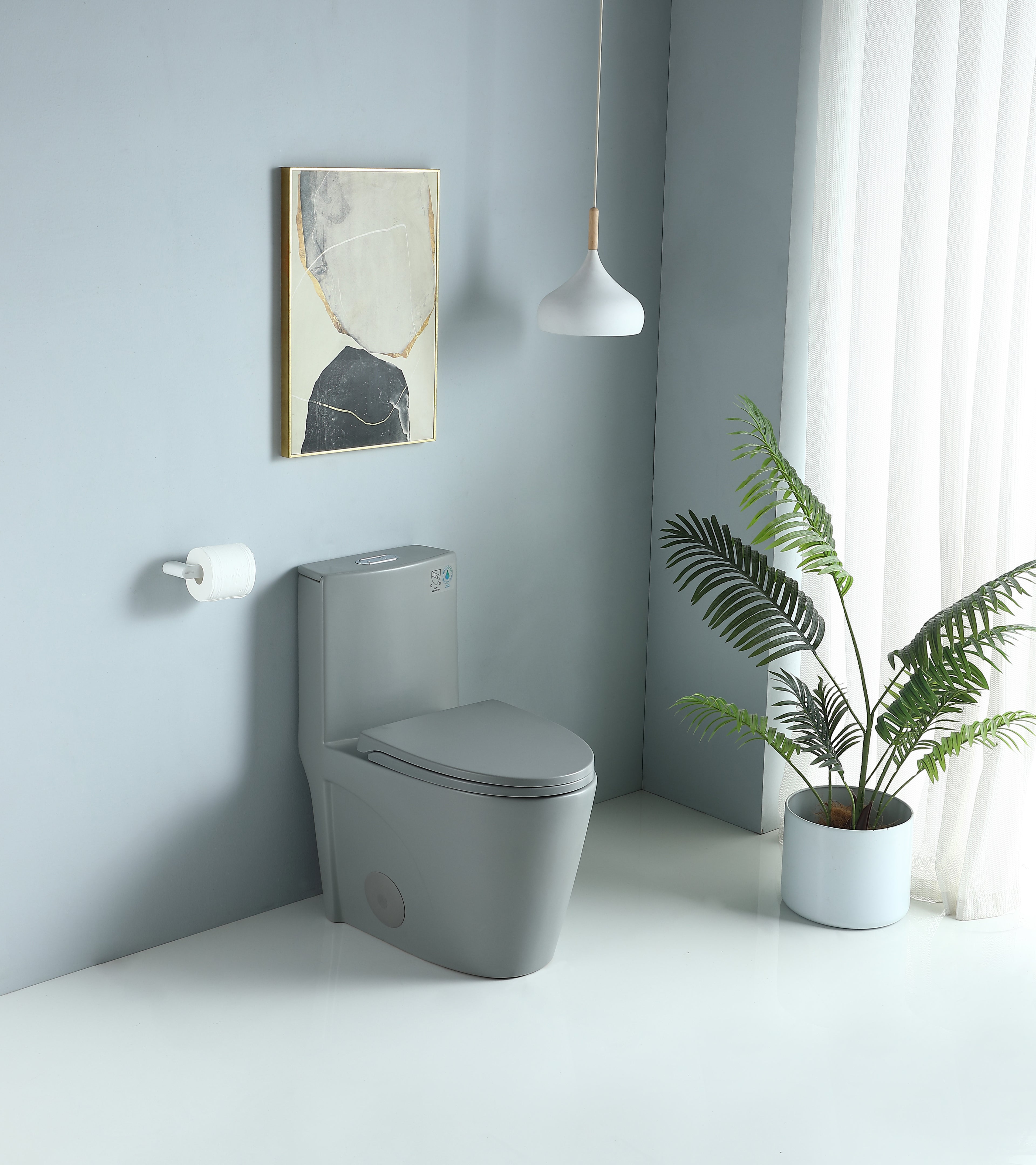 Dual-Flush Ceramic One-Piece Toilet 1.1/1.6 GPF, Elongated Comfort Height Bowl, Soft-Close Seat, Adjustable 0.8/1.28 GPF, Light Grey