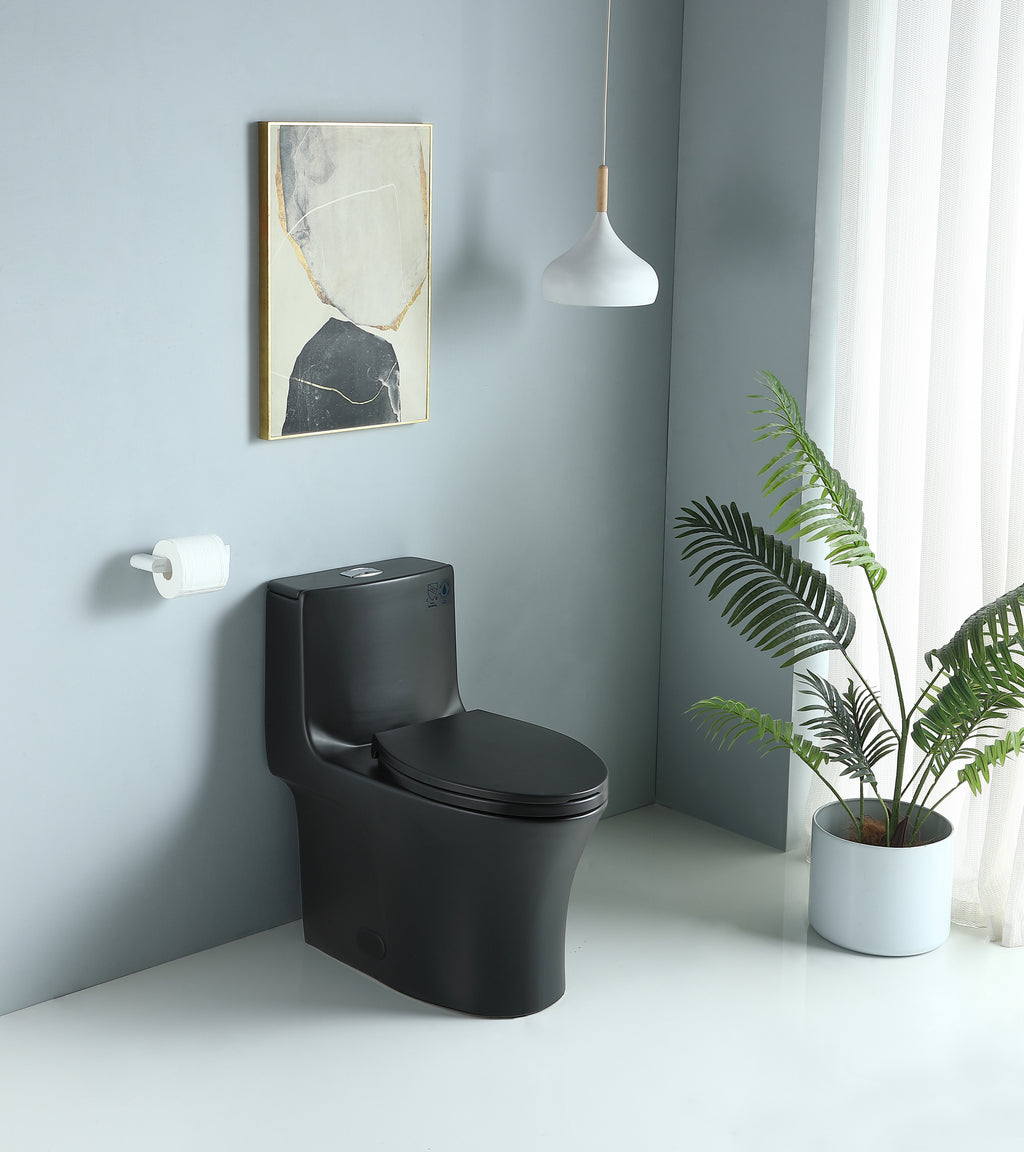 One-Piece Ceramic Toilet, Dual-Flush 1.1/1.6 GPF, Adjustable 0.8/1.28, Elongated Comfort Height, Soft-Close, Matte Black