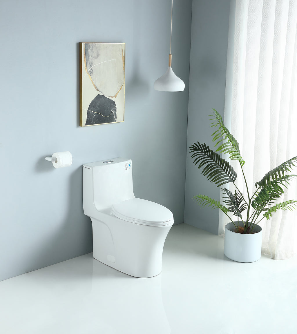 Ceramic One-Piece Toilet, Dual-Flush 1.1/1.6 GPF, Comfort Height Elongated Bowl, Soft-Close Seat, Gloss White