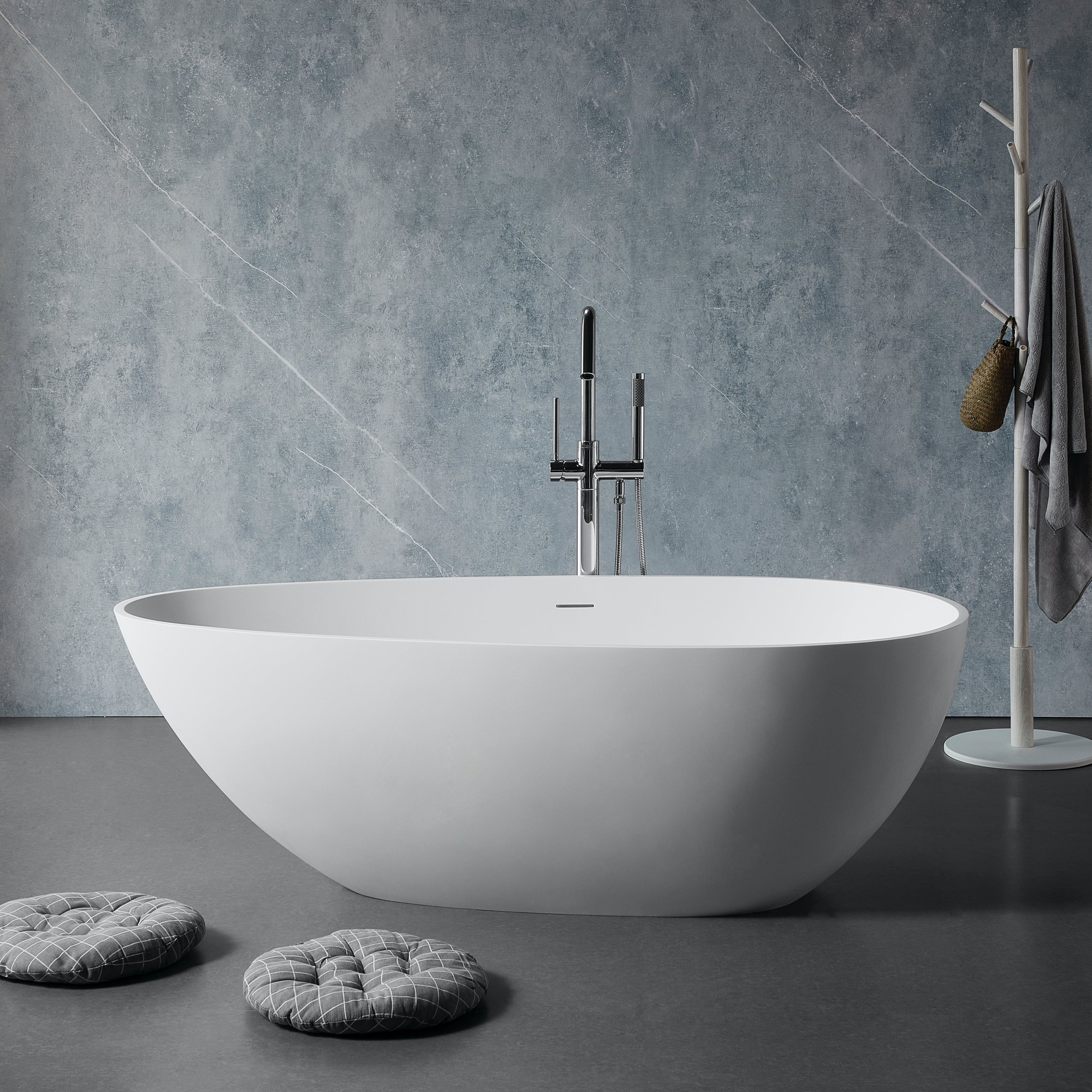 59" Freestanding Solid Surface Bathtub, Luxury Stone Resin Soaking Tub, Overflow & Drain, Matte White