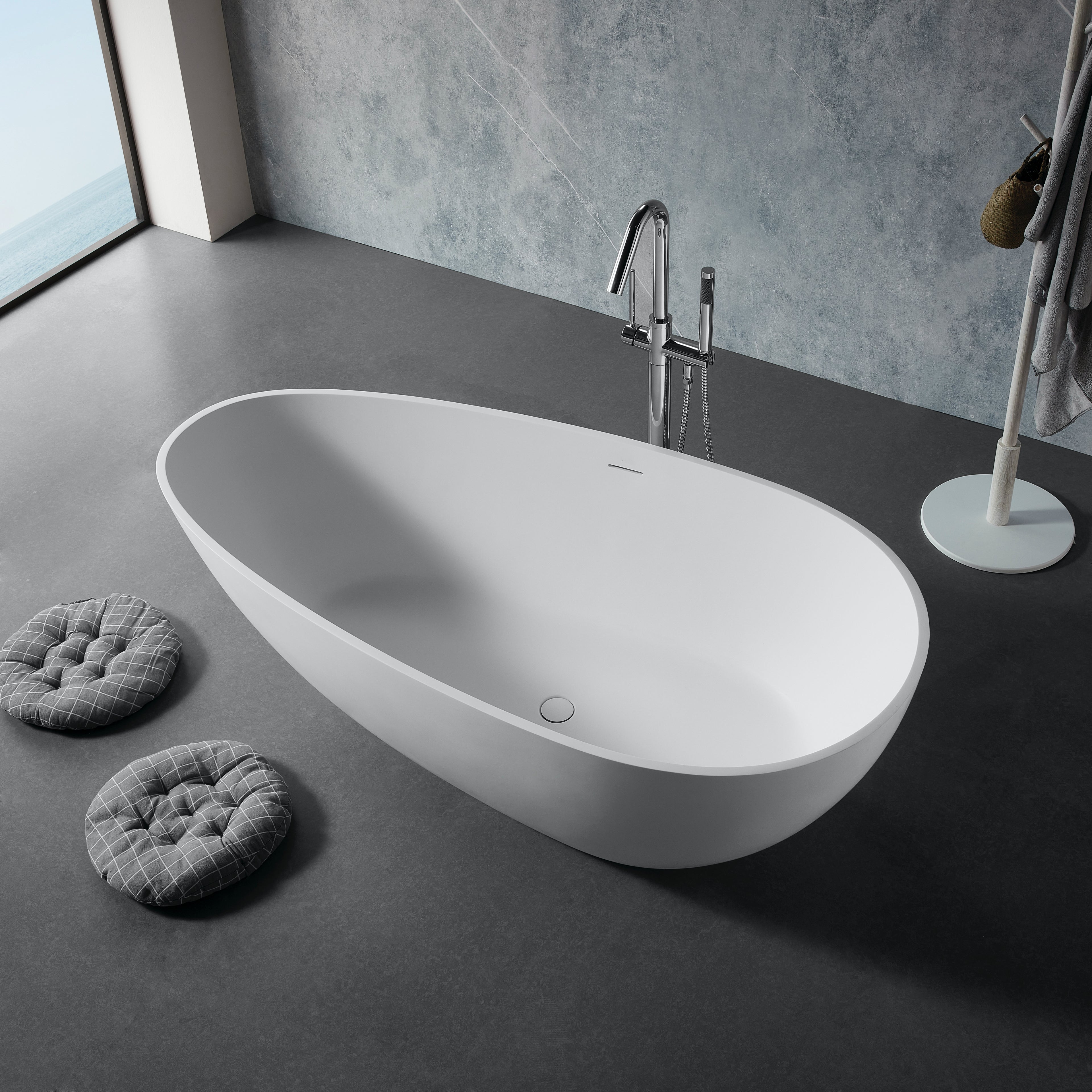 59" Freestanding Solid Surface Bathtub, Luxury Stone Resin Soaking Tub, Overflow & Drain, Matte White