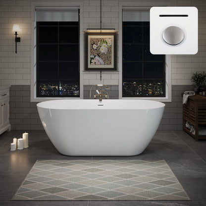 55"/60"/63" Minimalist Oval Acrylic Freestanding Soaking Bathtub, Glossy White A09