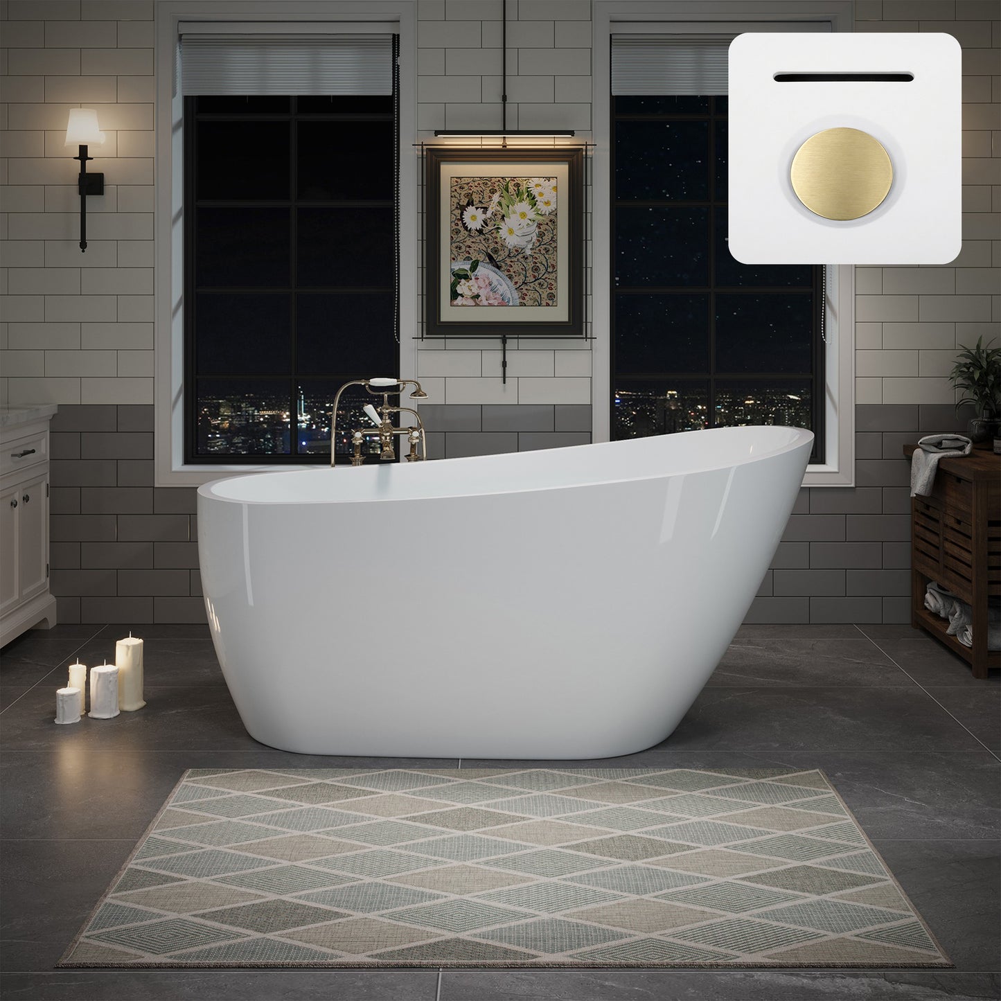 55"/60"/63" Modern Single Slipper Freestanding Acrylic Bathtub, Glossy White A04