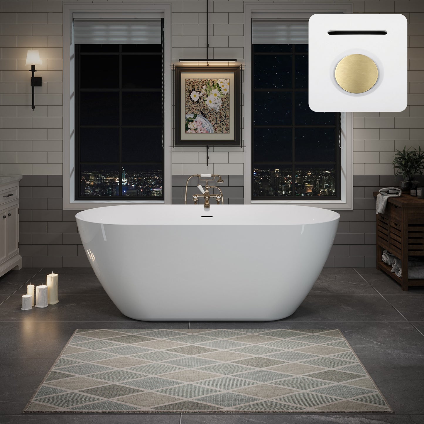 55"/60"/63" Minimalist Oval Acrylic Freestanding Soaking Bathtub, Glossy White A09