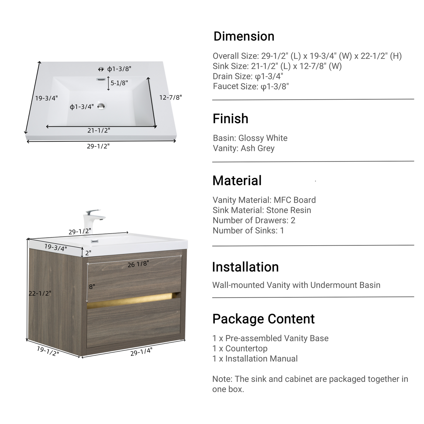 30" Aurelia - Floating Bathroom Vanity Ash Grey
