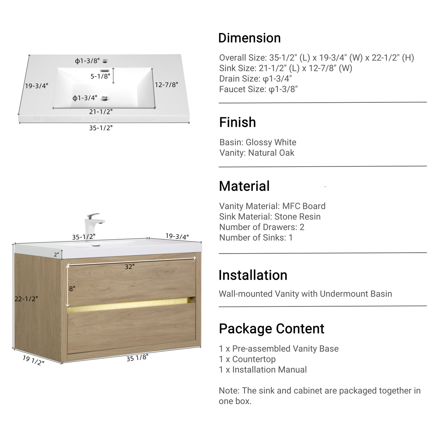 36" Aurelia - Floating Bathroom Vanity Natural Oak