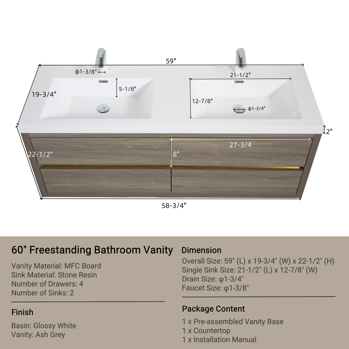 60" Aurelia - Floating Bathroom Vanity Ash Grey