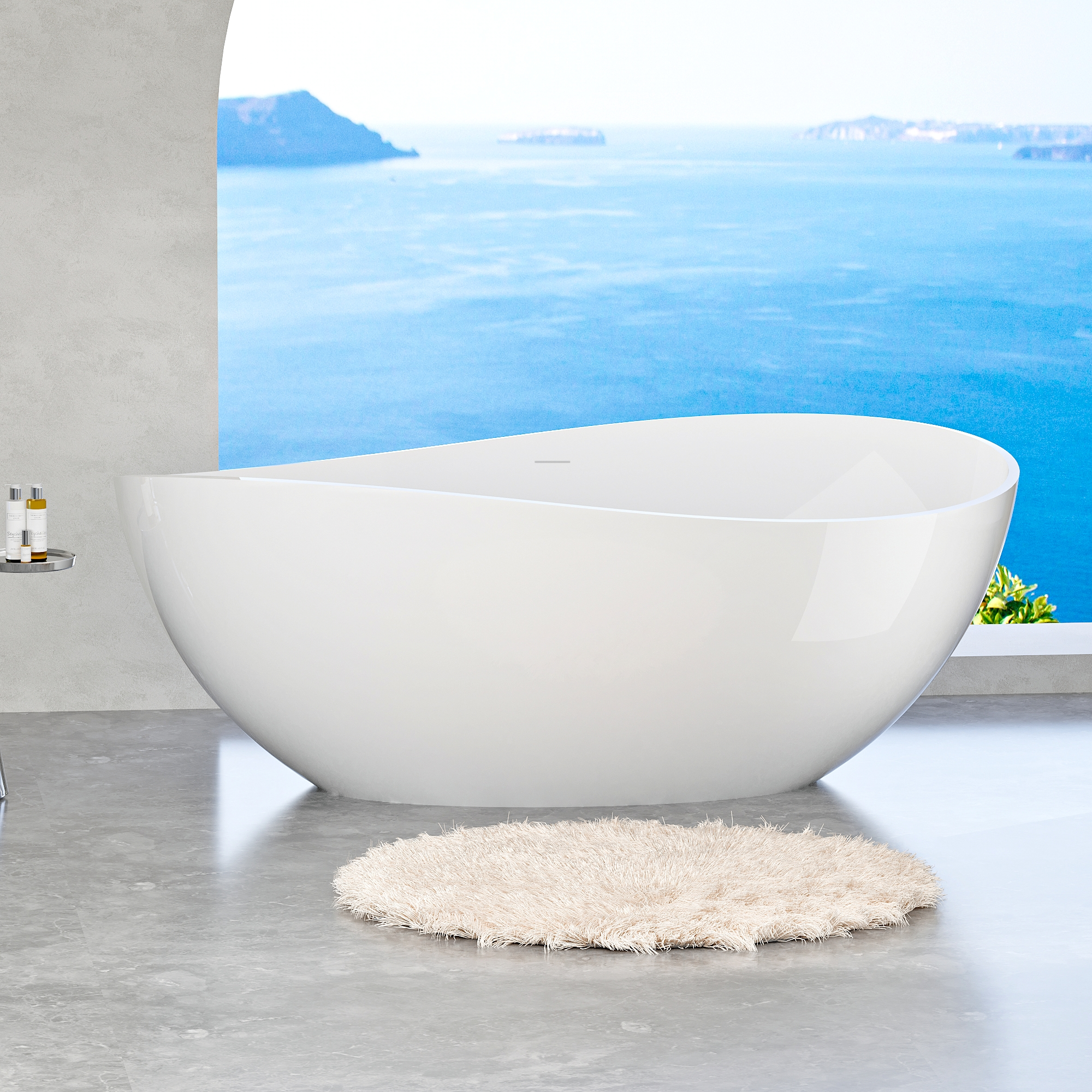 63" Freestanding Solid Surface Bathtub, Luxury Stone Resin Soaking Tub, Overflow & Drain, Glossy White