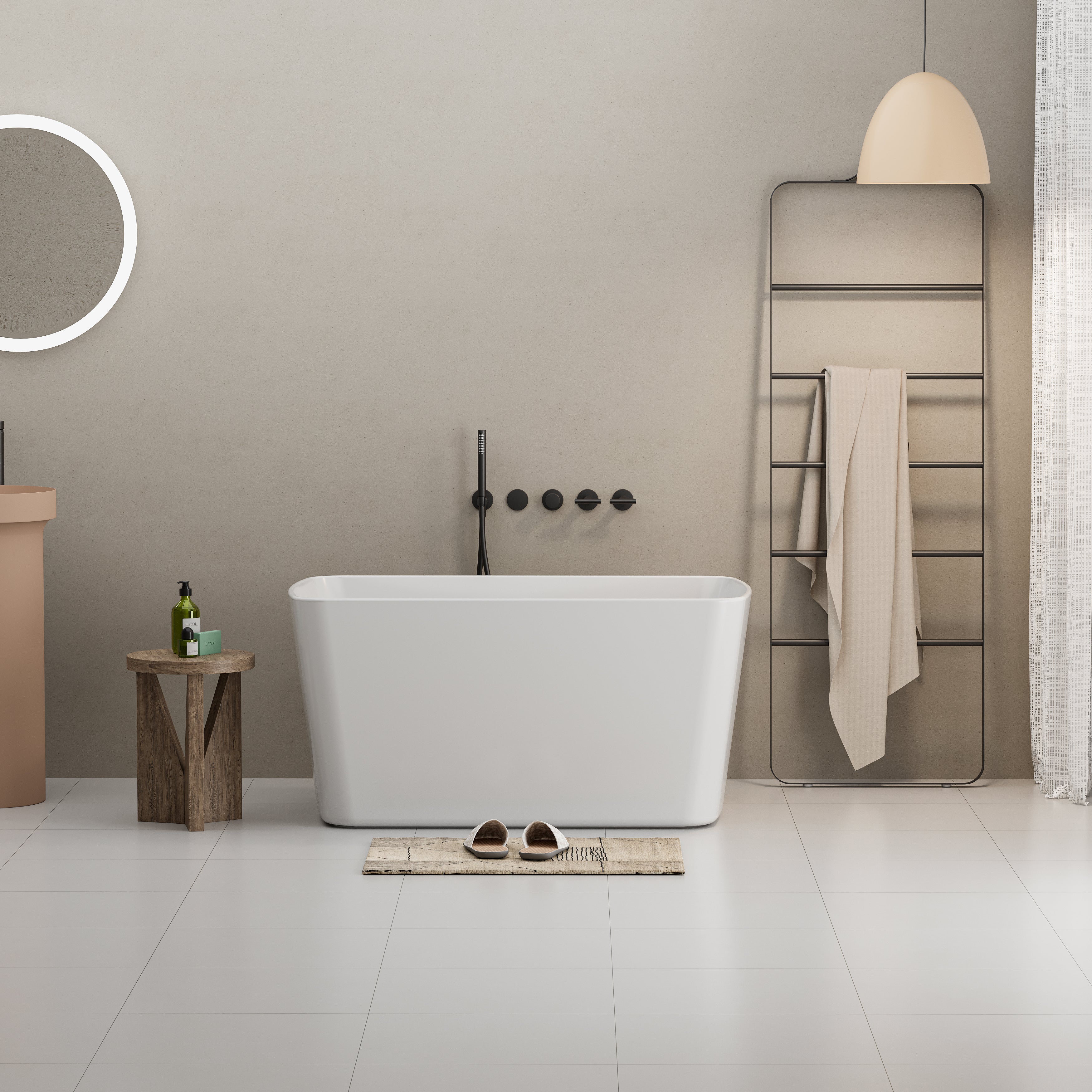 49" Acrylic Freestanding Japanese Soaking Tub, Square Sit-In Design, Chrome Overflow & Quick Drain, Glossy White