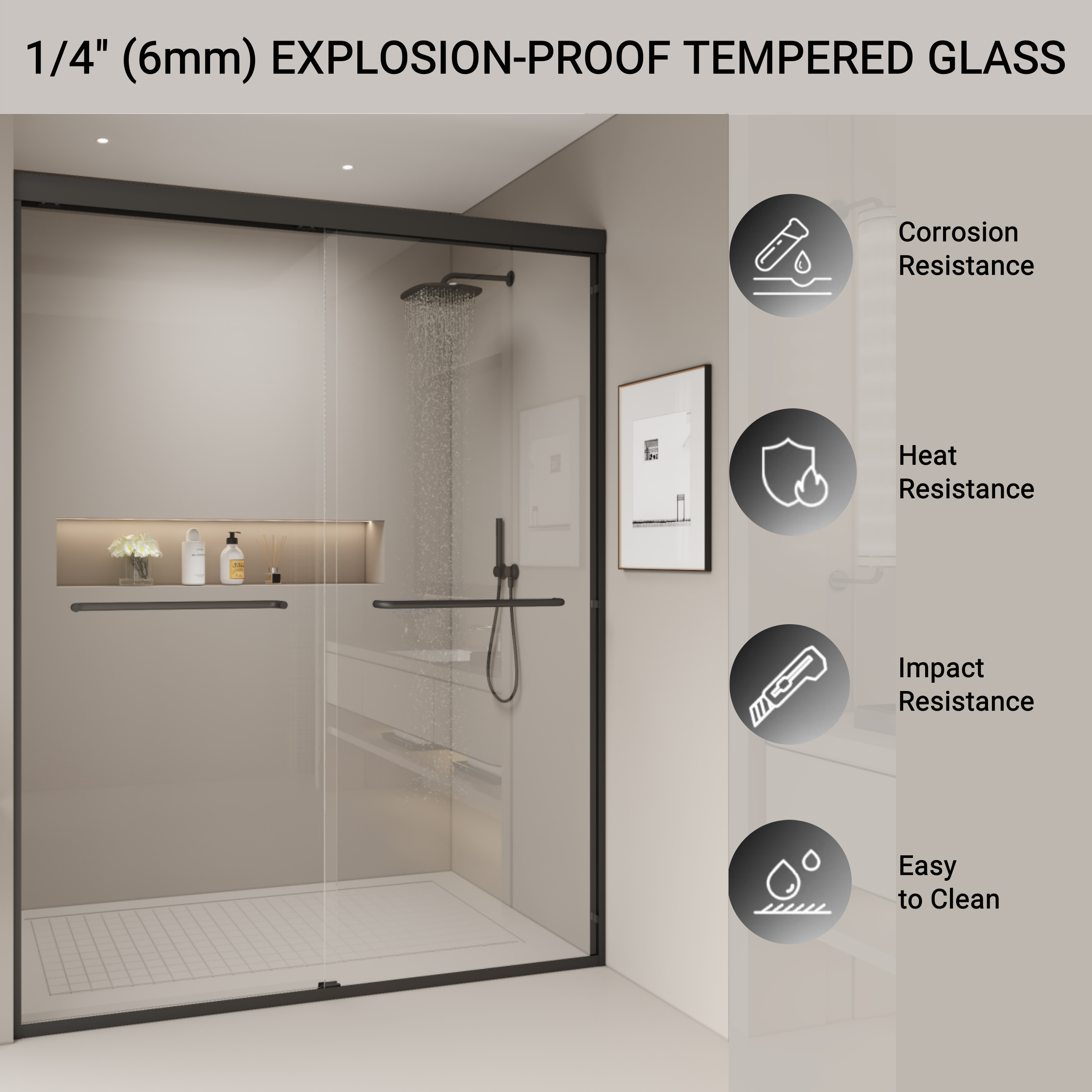 56–60" Double Sliding Shower Door, Semi-Frameless Bypass, 1/4" Tempered Glass, Matte Black