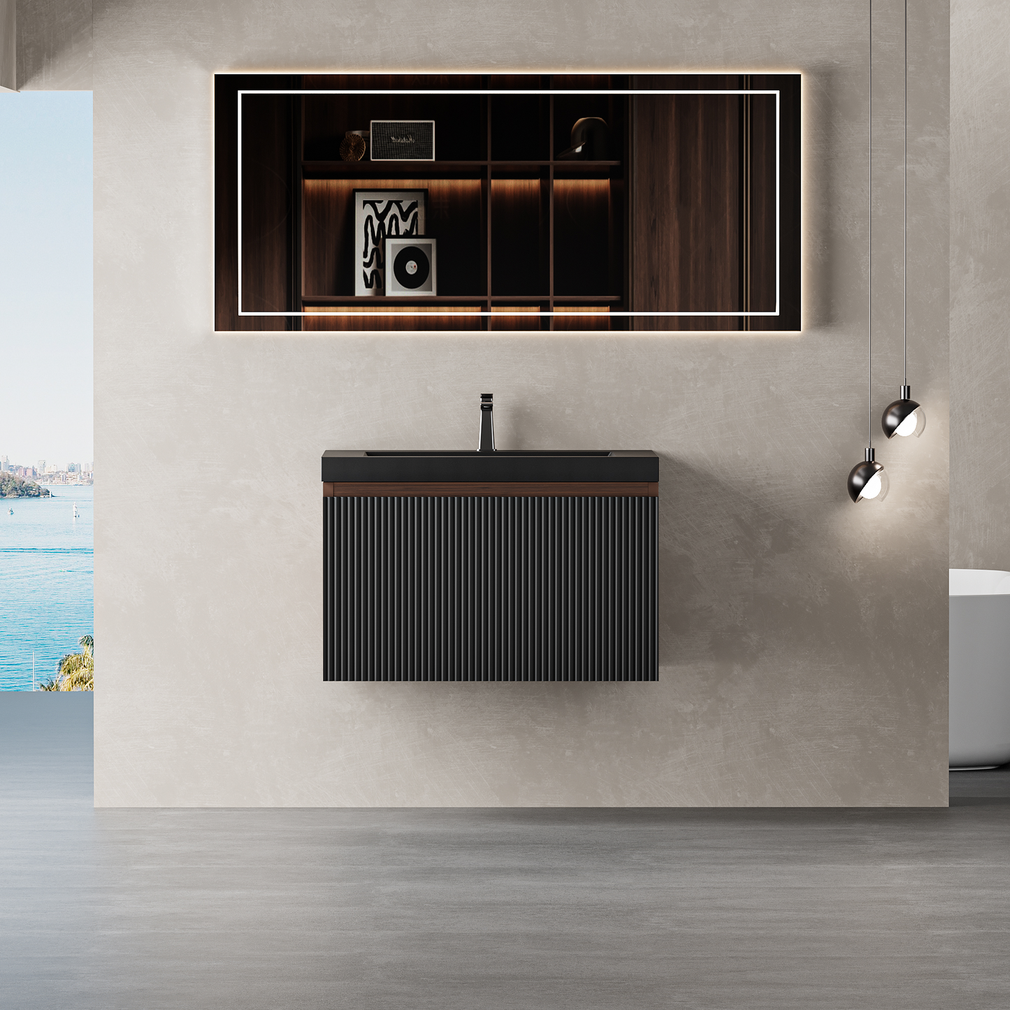 24" Liner - Floating Bathroom Vanity Smoked Walnut & lnk Black