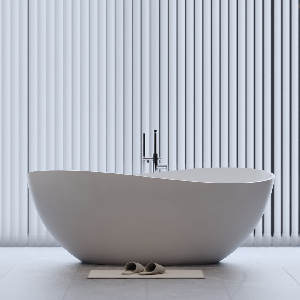 63" Freestanding Solid Surface Bathtub, Engineered Stone Resin Soaking Tub, Matte White