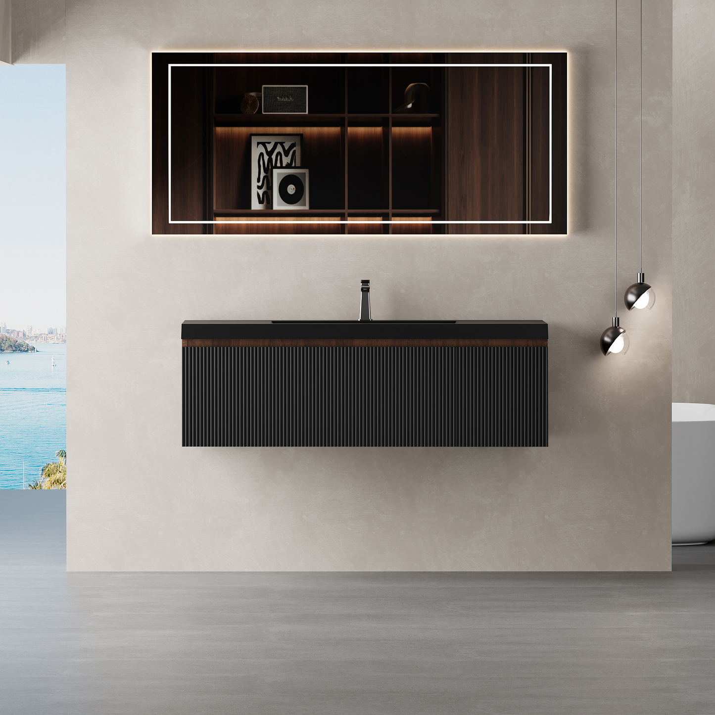48" Liner - Floating Bathroom Vanity Smoked Walnut & lnk Black
