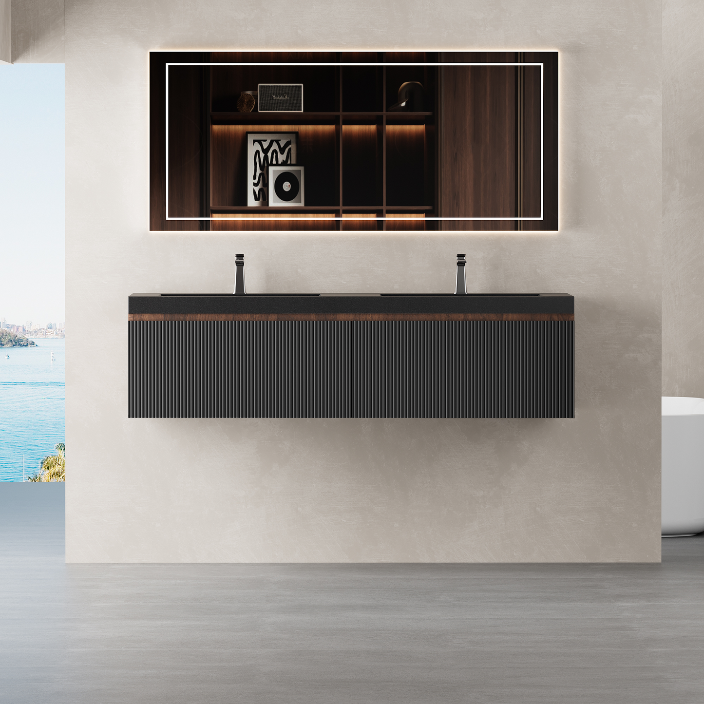 60" Liner - Floating Bathroom Vanity Integrated Double Basin Smoked Walnut & lnk Black