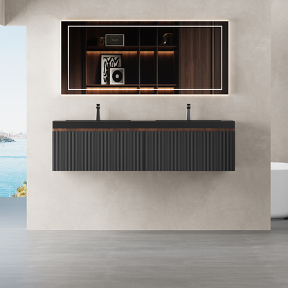 60" Liner - Floating Bathroom Vanity Integrated Double Basin Smoked Walnut & lnk Black