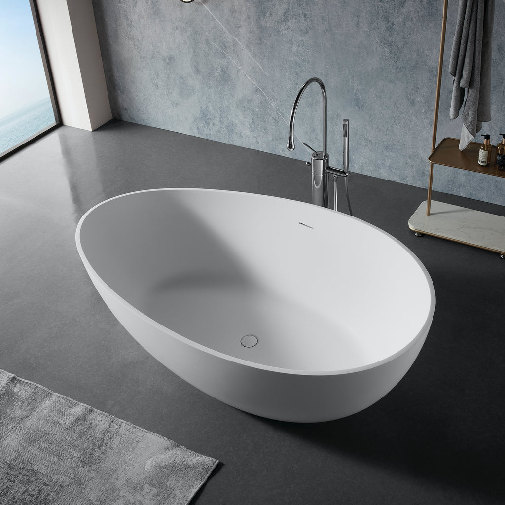 63" Freestanding Solid Surface Bathtub, Engineered Stone Resin Soaking Tub, Matte White