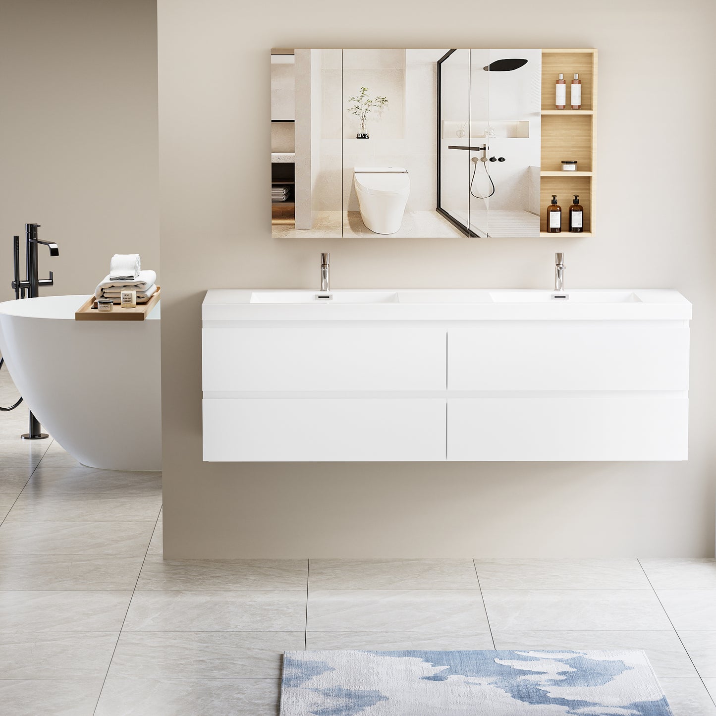 72" Angela - Floating Bathroom Vanity Double Sink Glossy White