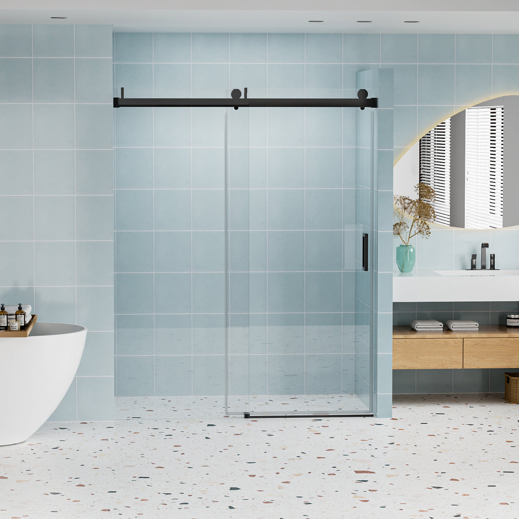 56–60" Frameless Soft-Closing Sliding Shower Door, 1/4" Tempered Glass with Safety Film, Matte Black