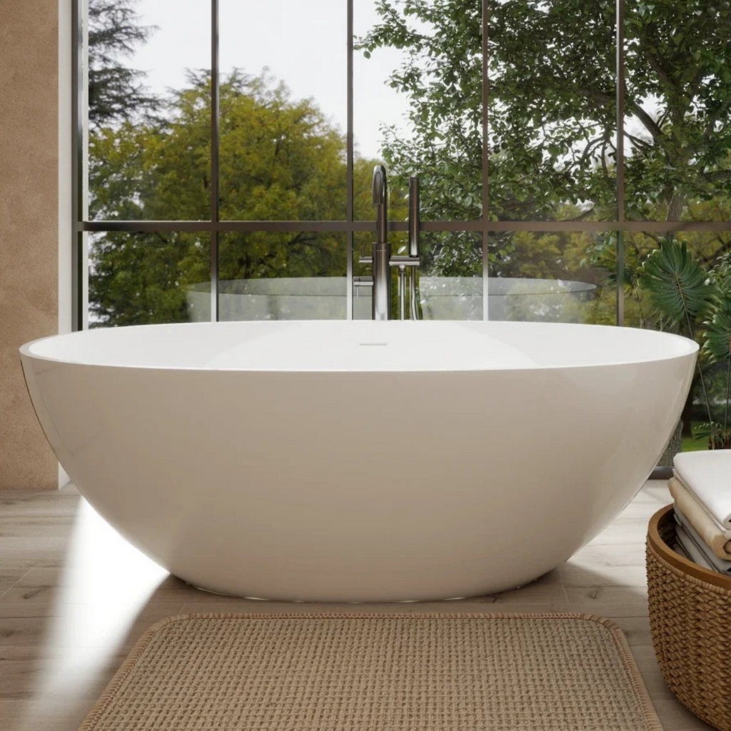 65" Freestanding Solid Surface Bathtub, Luxury Stone Resin Soaking Tub, Overflow & Drain, Glossy White